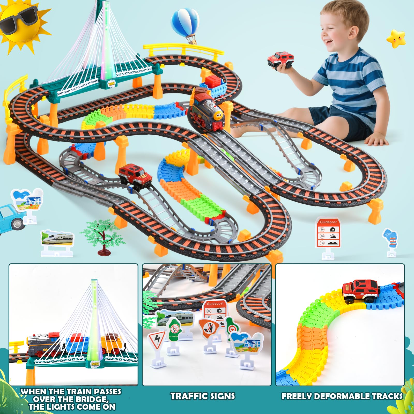 Trenino Elettrico per Bambini, 215 PCS Piste Macchinine per Bambini, Giocattolo Auto Pista Flessibile, Piste per Automobili con Ponte, Regalo Natale Compleanno 3-12 Anni