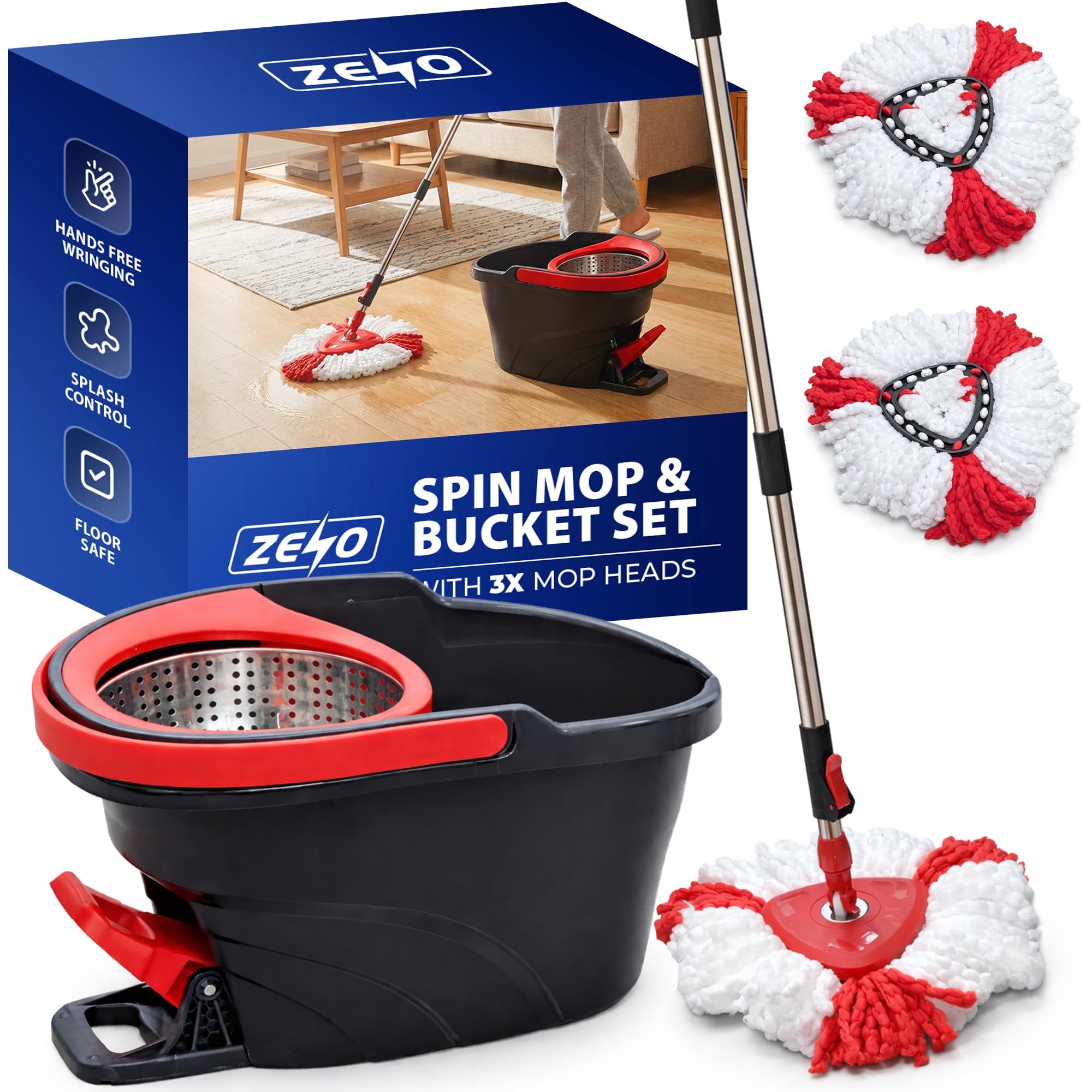 ZENO Mop And Buckets Sets 2-In-1 | Spin Mop And Bucket Set with 3 Heads | Mops and Buckets Sets for Home | Spinning Mops for All Floors | Mop and Bucket Sets with Foot Pedal | Adjust Handle 85-123cm