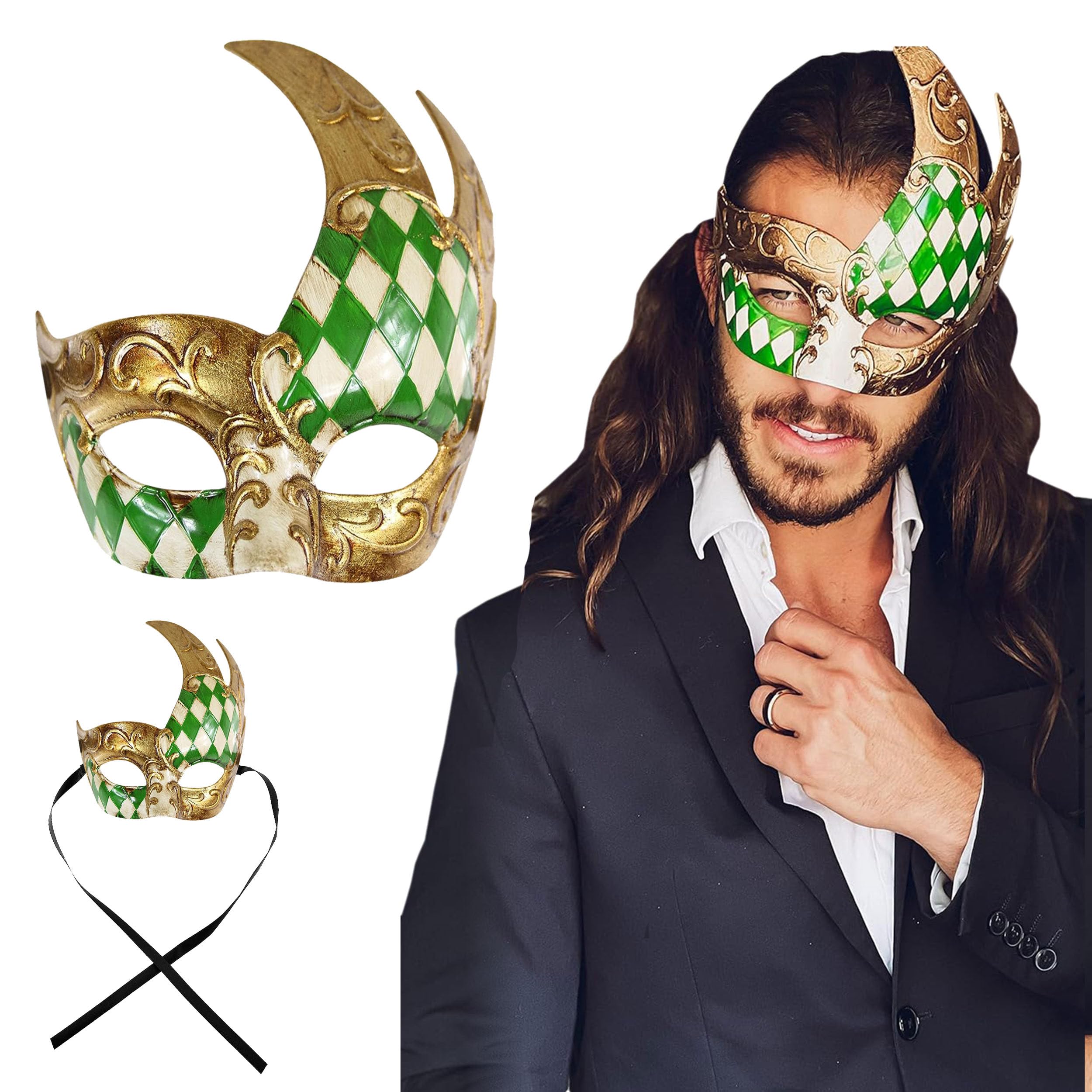 Luxury Mask Men's Vintage Design Venetain Prom Mardi Gras Musical Checkered Masquerade One Size Green/Gold Checkered