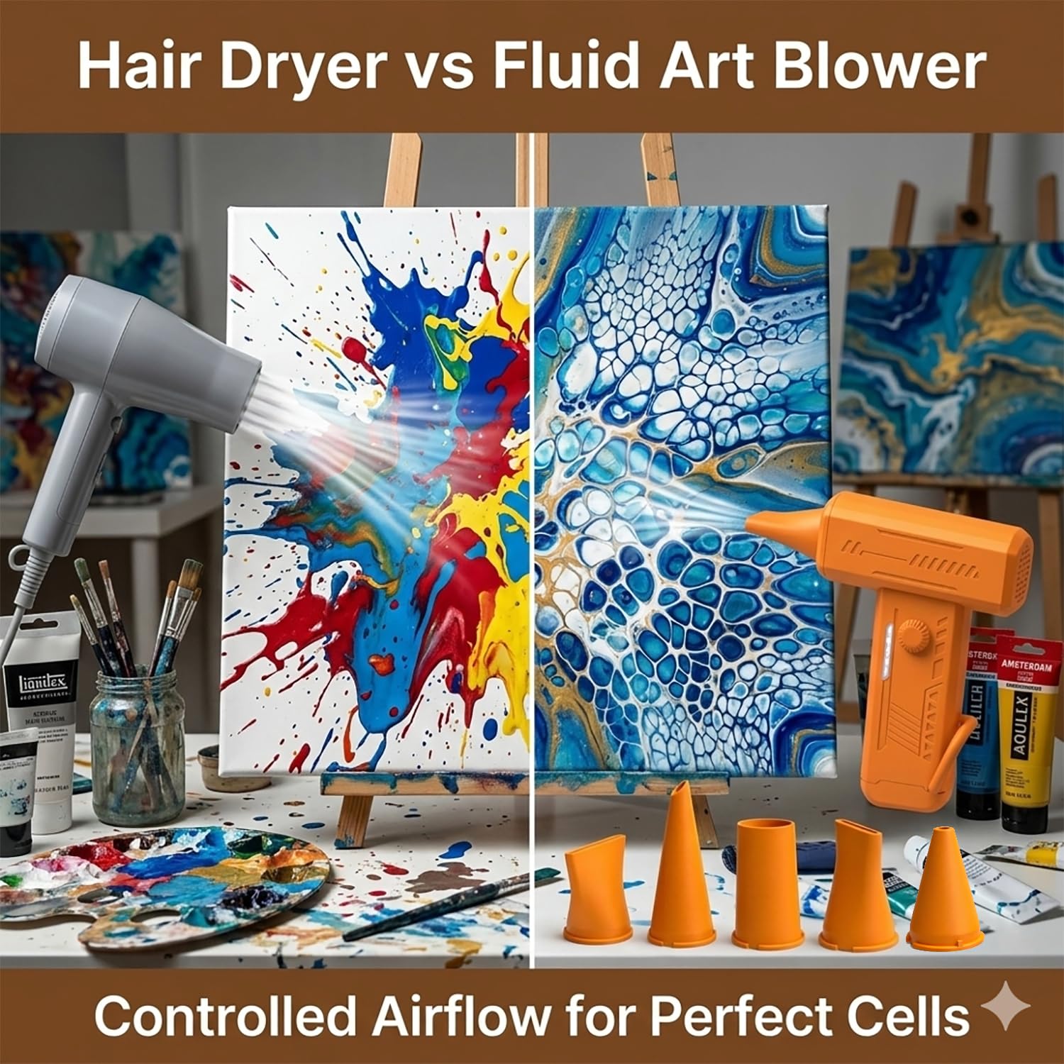 Souffleur verseur de peinture acrylique sans fil à 6 buses | Outil électrique sans fil pour art fluide, néerlandais, vagues de résine | Parfait pour les artistes, les artisans et les projets de