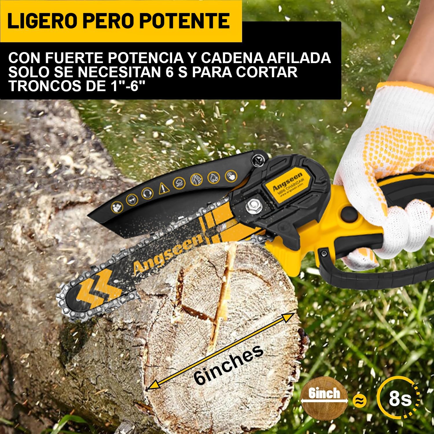 Mini Motosierra Bateria 6 Pulgadas Sin escobillas, Motosierra de Mano de 6 Pulgadas, 2 Baterías de 2Ah y Cargador, 2 Cadenas (amarillo 2000+2000mAh)