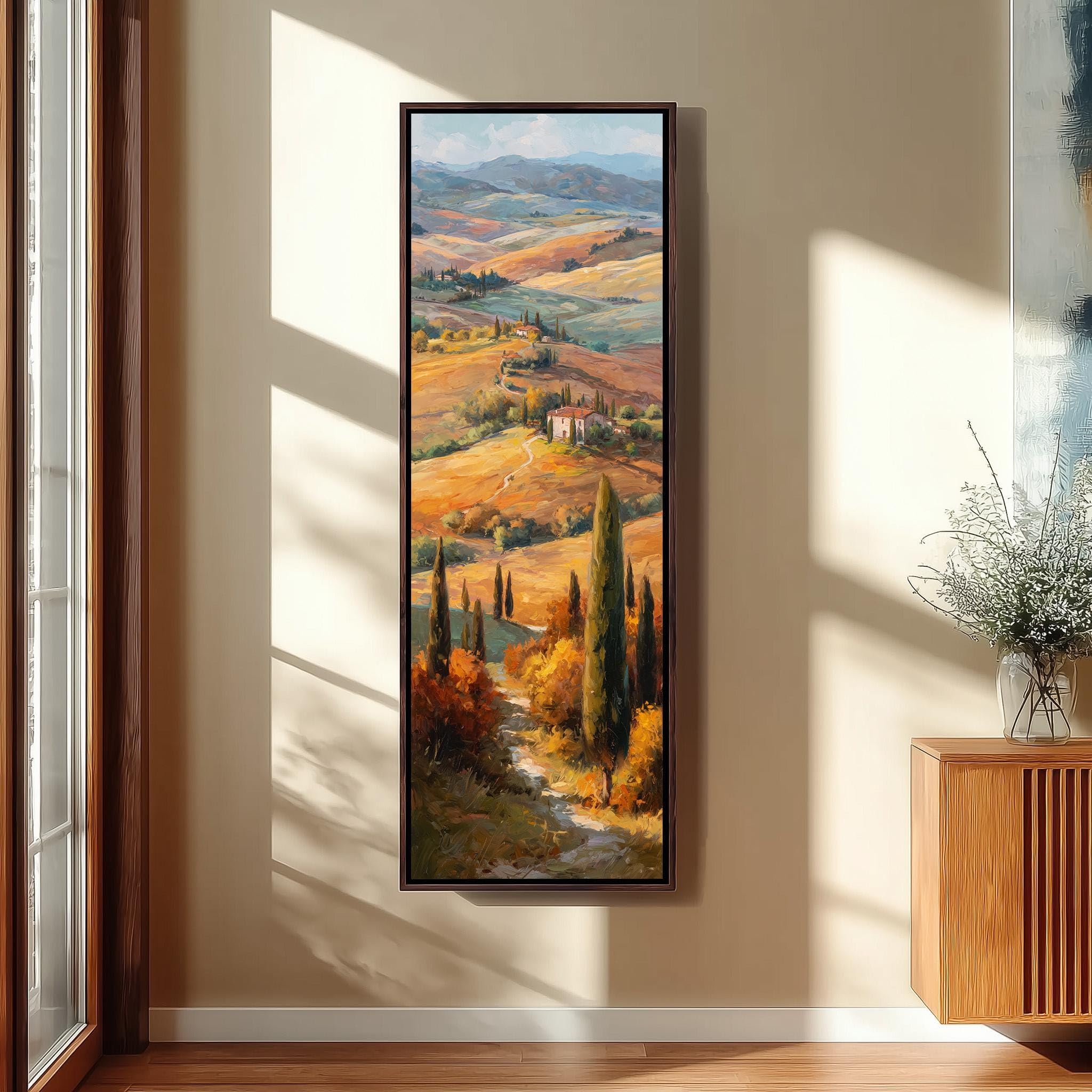 XINBAO Stampa artistica Colline ondulate, tela verticale alta, paesaggio impressionista con vigneti, decorazione mediterranea, dipinto di campagna (60x180 cm/cornice interna)