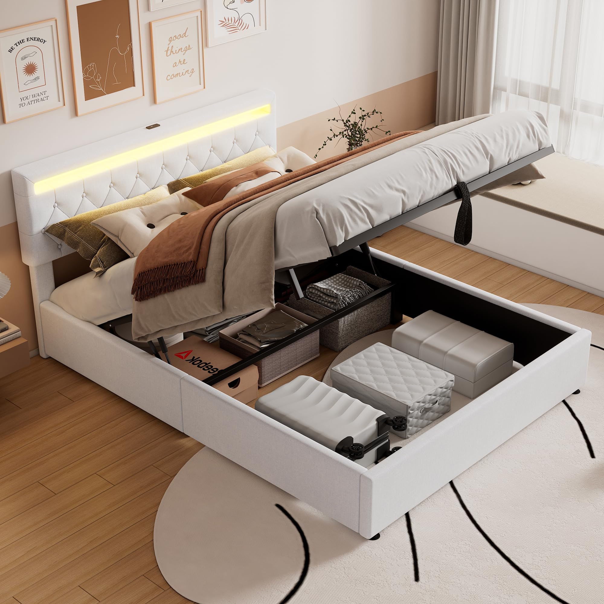 Letto contenitore matrimoniale con presa USB e presa di tipo C, lettomatrimoniale 160 x 200 cm con luce d'atmosfera sul letto, lettoidraulico,letto una piazza e mezza con base a doghe