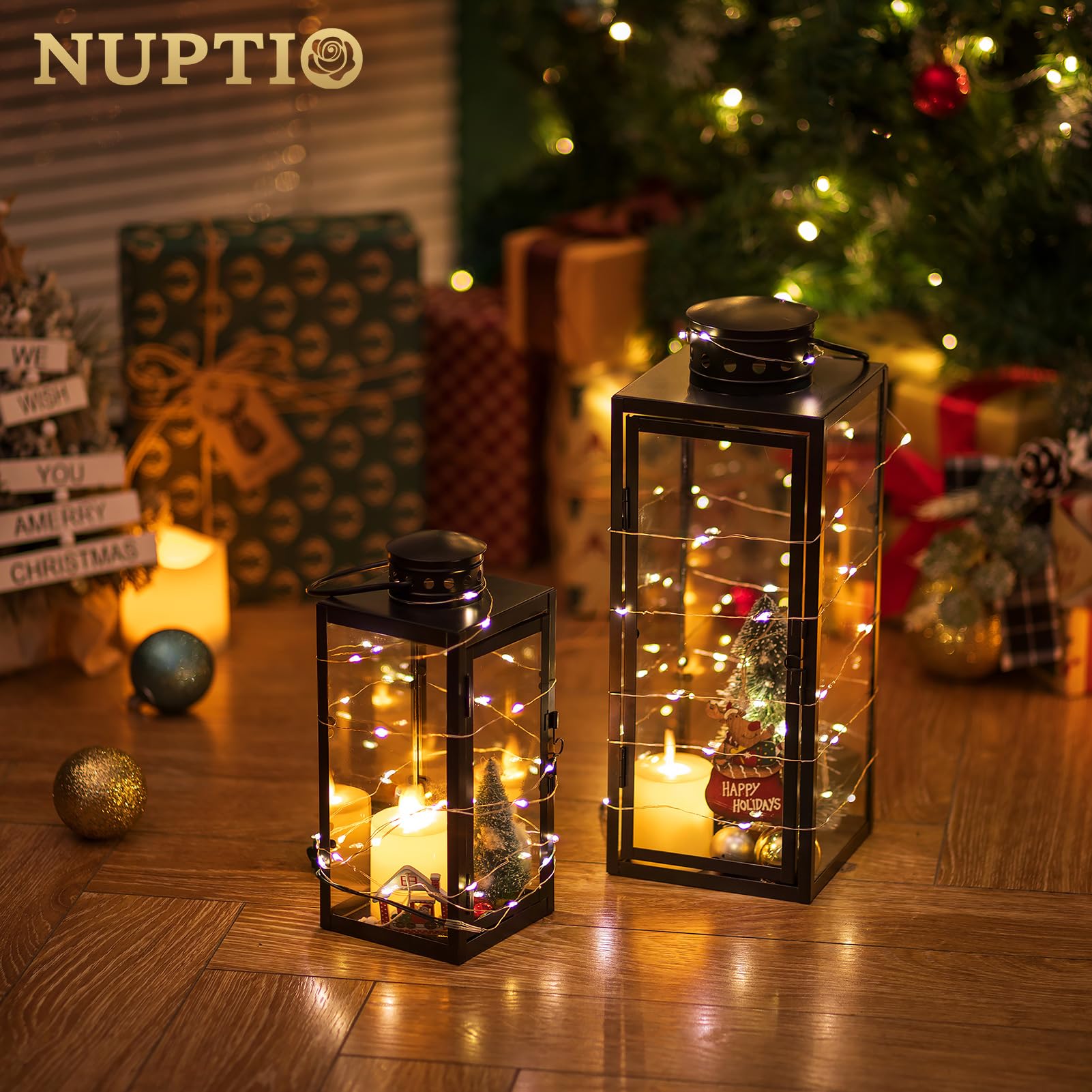 NUPTIO Lanterne Bougie Extérieur Noire 24cm 35cm Métal Lanternes Outdoor Funéraire Cimetière Résistant Aux Intempéries Jardin