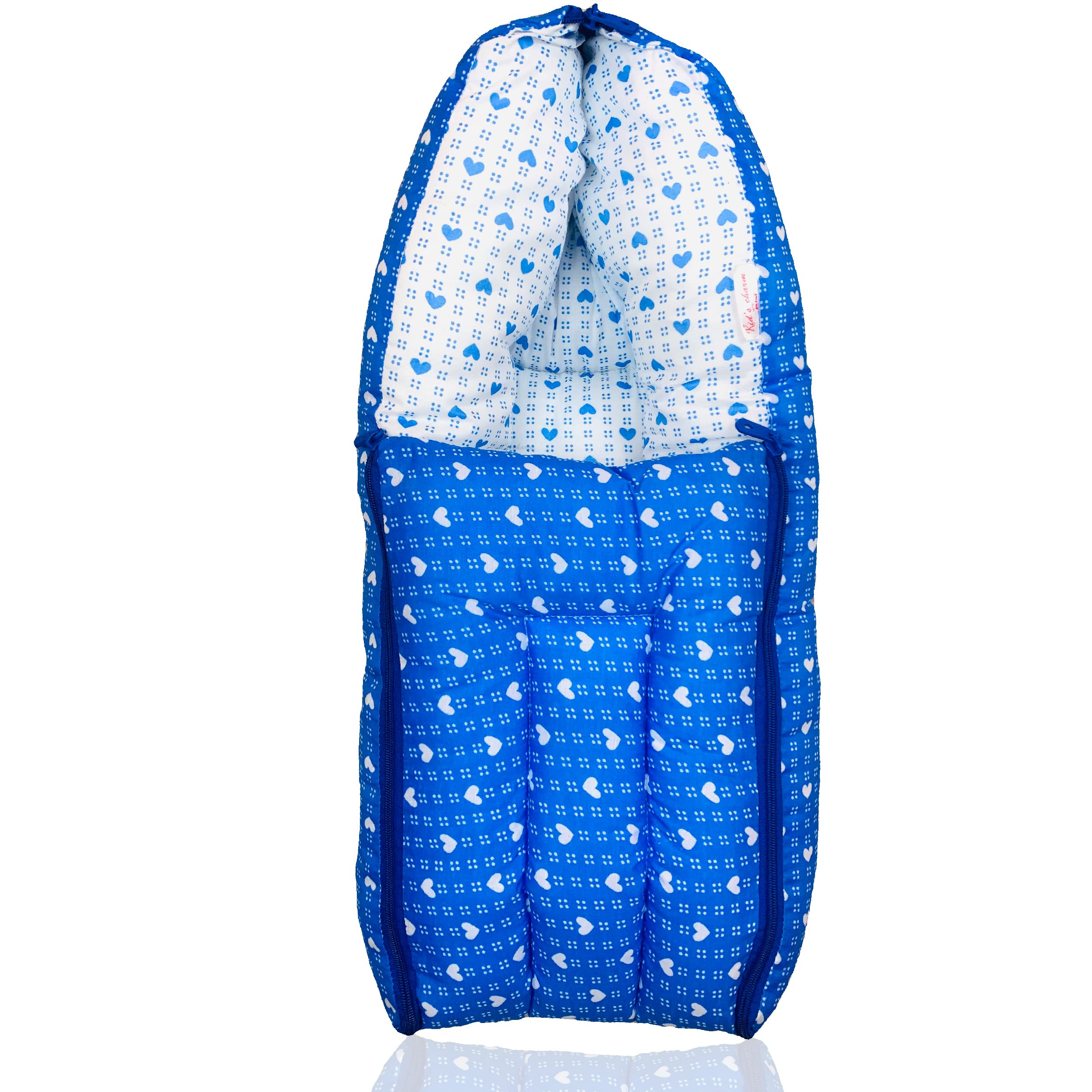 Infans Mini Dotted-Heart Mini 3 in 1 Baby's Cotton Bed Cum Carry Bed Printed Baby Sleeping Bag-Baby Bed-Infant Portable for Unisex Easily Portable, Light Weight Carry for New Born 0-4 Months Old(Blue)
