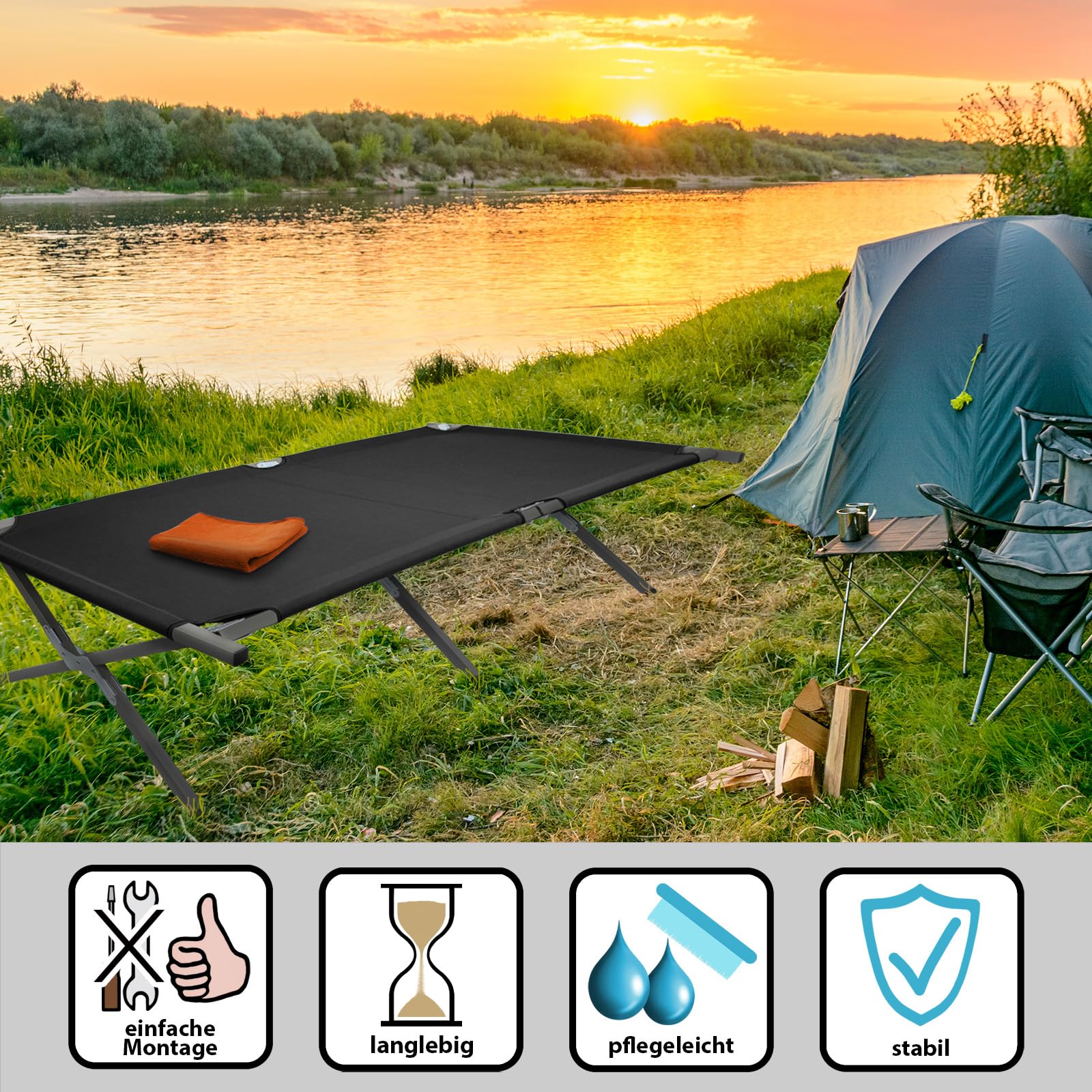 BB Sport Feldbett Klappbett 190 x 64 x 41 cm Stabiles Campingbett 180kg Belastbar Tragbar Bequem Reise Liege Stahlrohr 600D Oxfordgewebe Tragetasche Gästebett Klappbar, Farbe:Schwarz