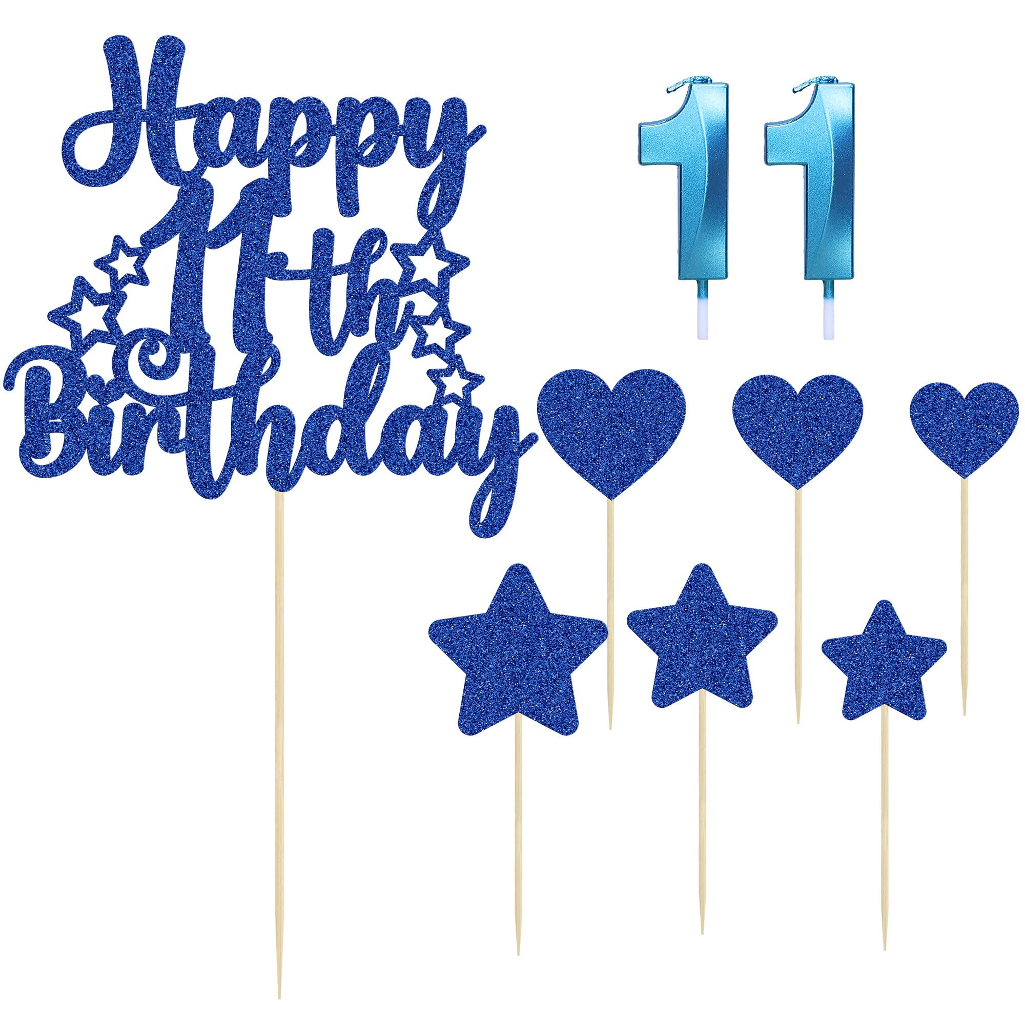 Gyufise 15Pcs Happy 11th Birthday Cake Topper Set Heart Star Glitter Cheers to 11 Years Cake Picks Number 11 Candles Cake Decorations for Happy 11th Birthday Anniversary Party Supplies Blue - Image 3