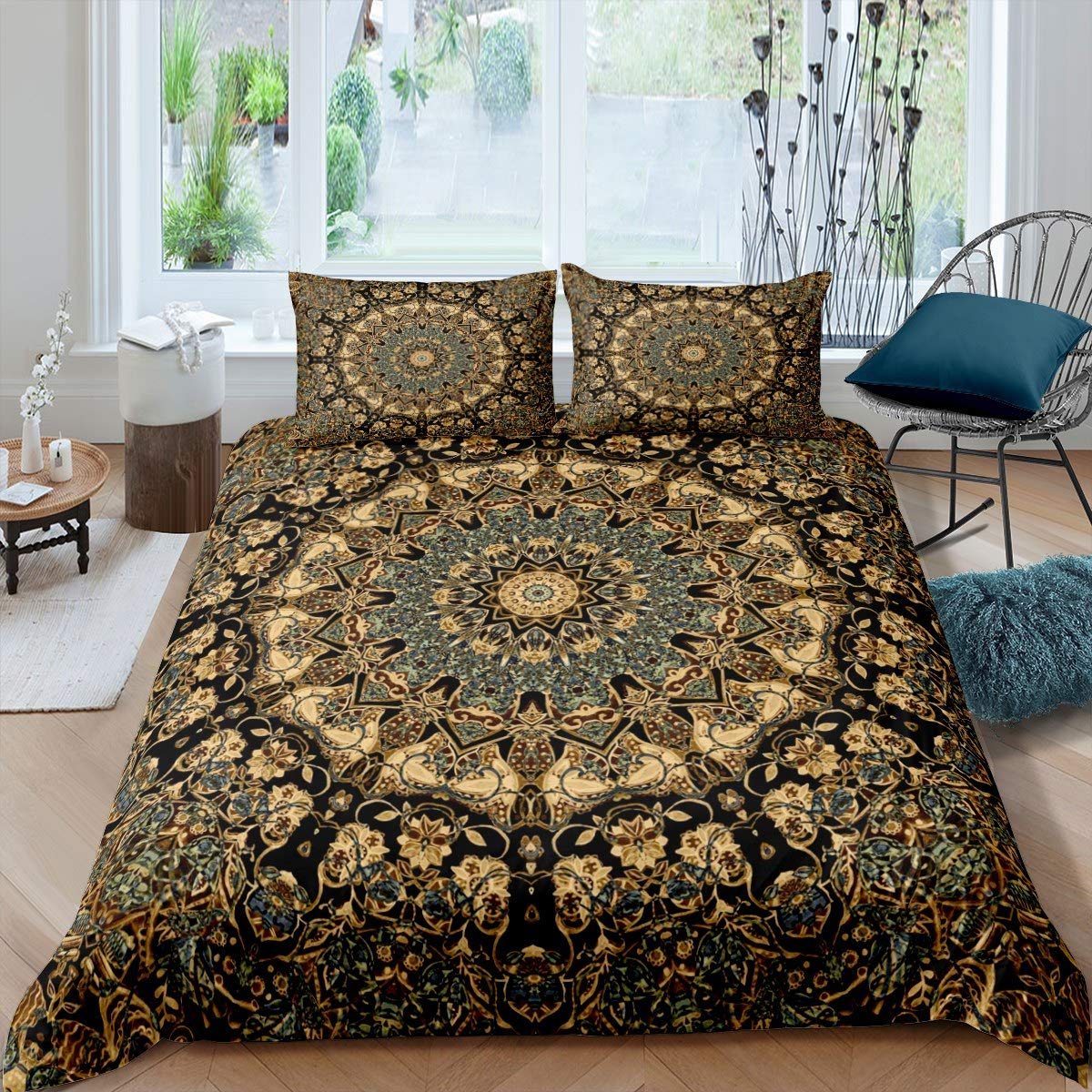 Loussiesd Boho Mandala Duvet Cover Bohemian Style Comforter Cover Retro Mandala Printed Bedding Set For Women Adults Luxury Exotic Floral Bedspread Cover Room Decor King Size Bedclothes Zipper