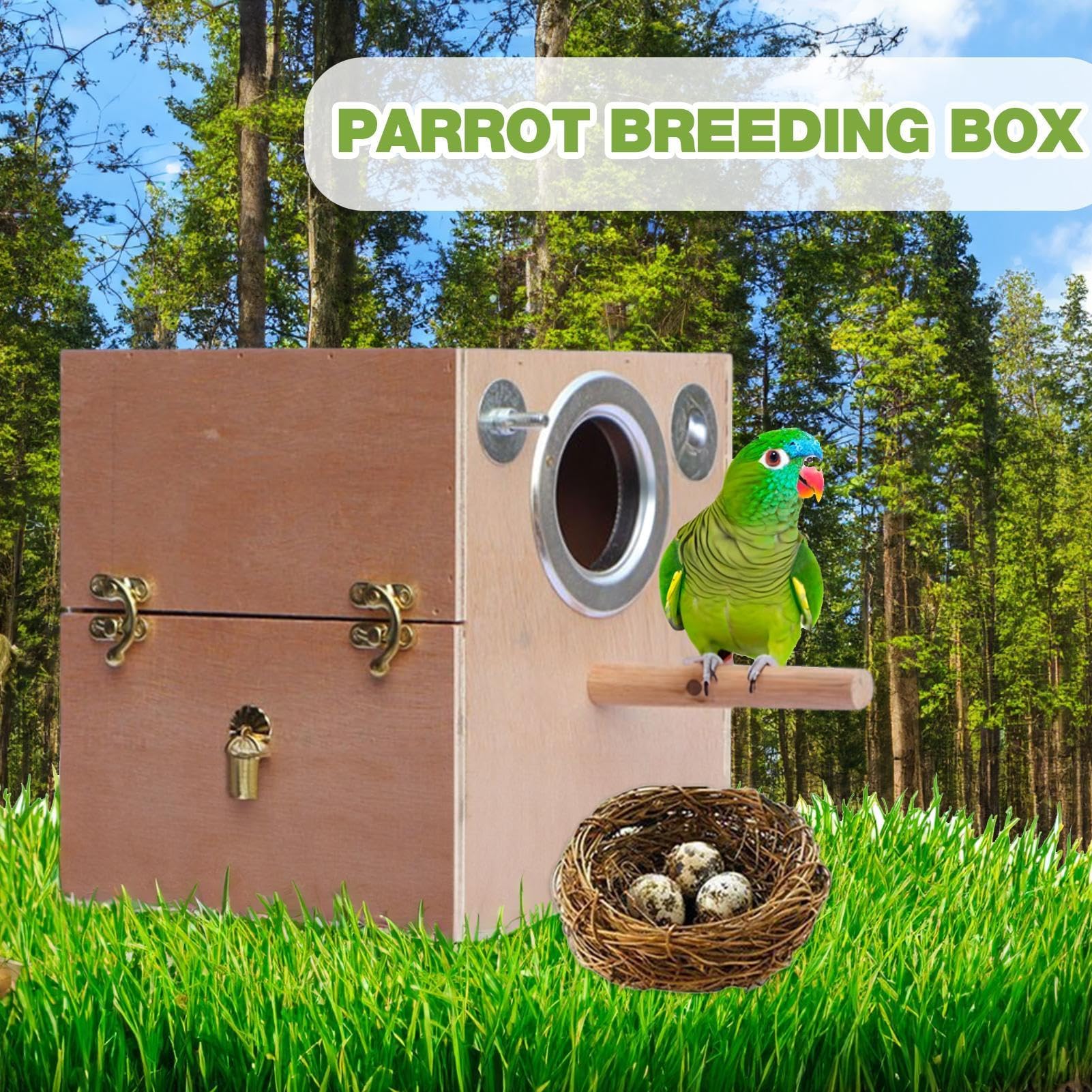 Caja nido para periquitos, caja de cría de aves de madera natural con perca, ideal para tortolitos, cacatúas, palomas y loros
