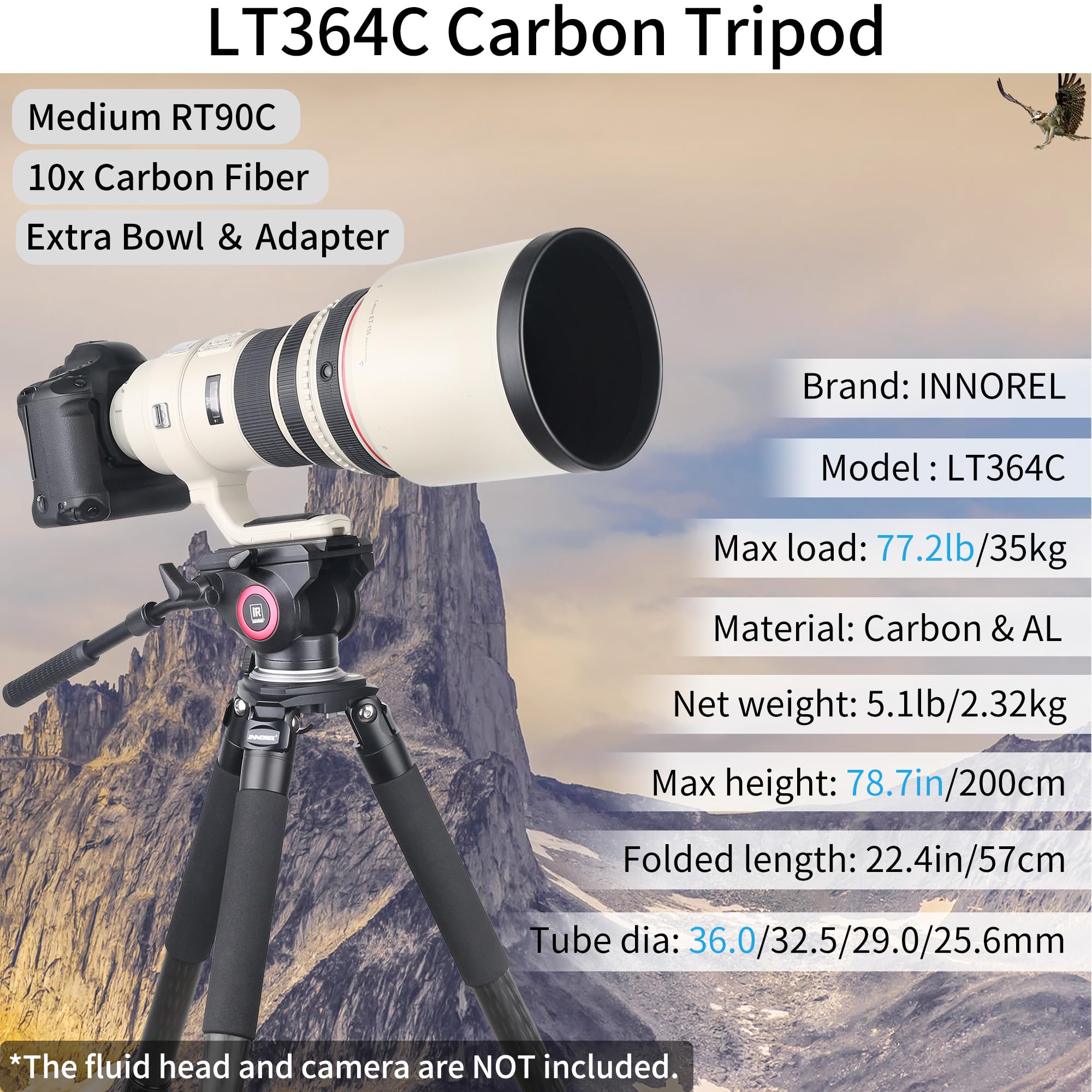 INNOREL LT364C Sistemático Trípode Fibra Carbono Fotografía Profesional 160cm/63pulgadas, 4 Secciones, Carga Máxima 35kg, Tubo Máximo φ36mm, con Bolsa/Adaptador para Tazón 75mm(Trípode+Adaptador)