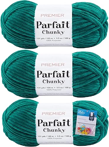 Premier Yarns Parfait Chunky - 3.5 oz - Peso súper voluminoso #6 - Paquete de 3 paquetes con 10 marcadores de puntada Bella's Crafts (esmeralda)