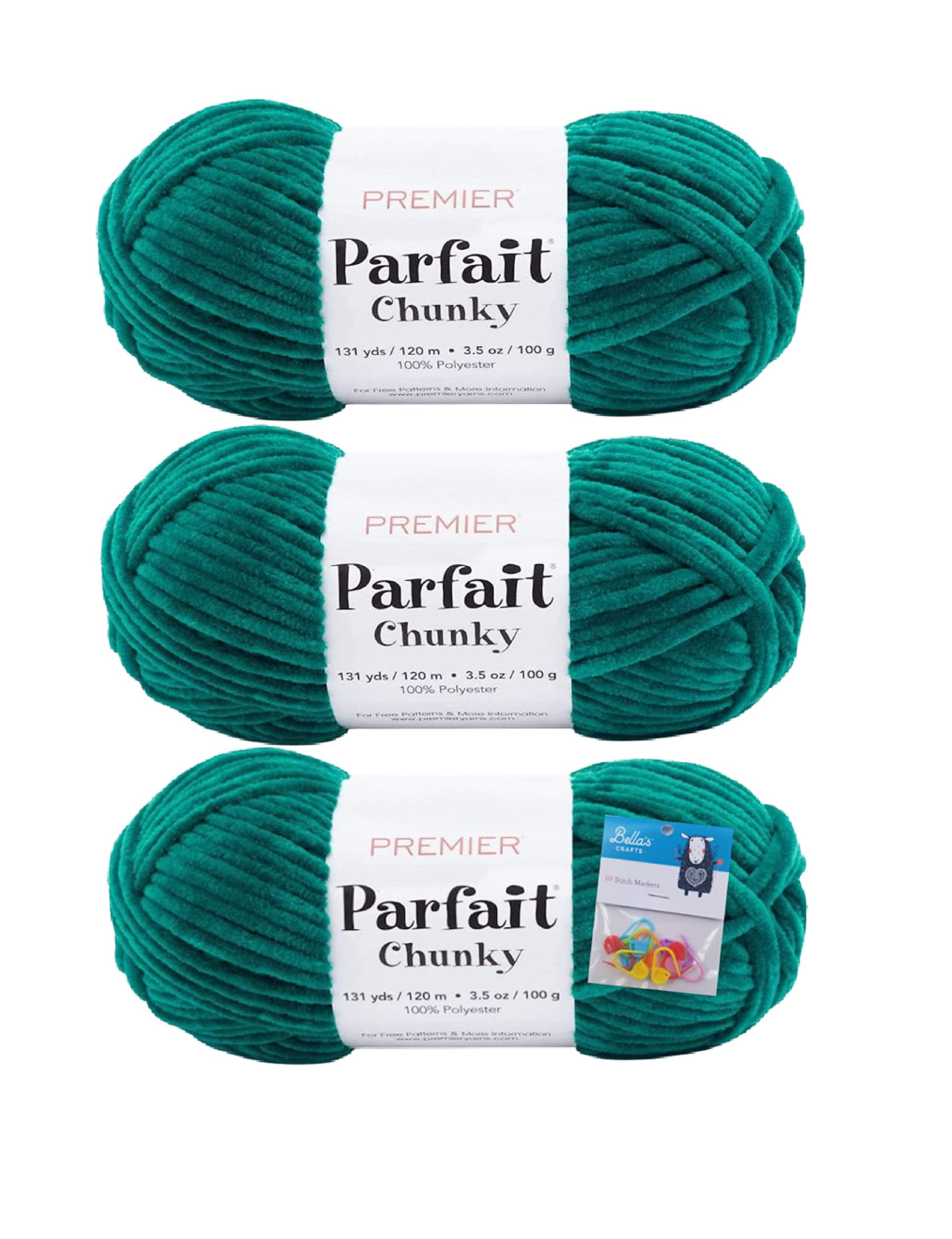 Premier Yarns Parfait Chunky Chenille 3.5 Oz 6 Super Bulky Weight 3 Pack Bundle with Bella's Stitch Place Holders (Emerald) โ image 1