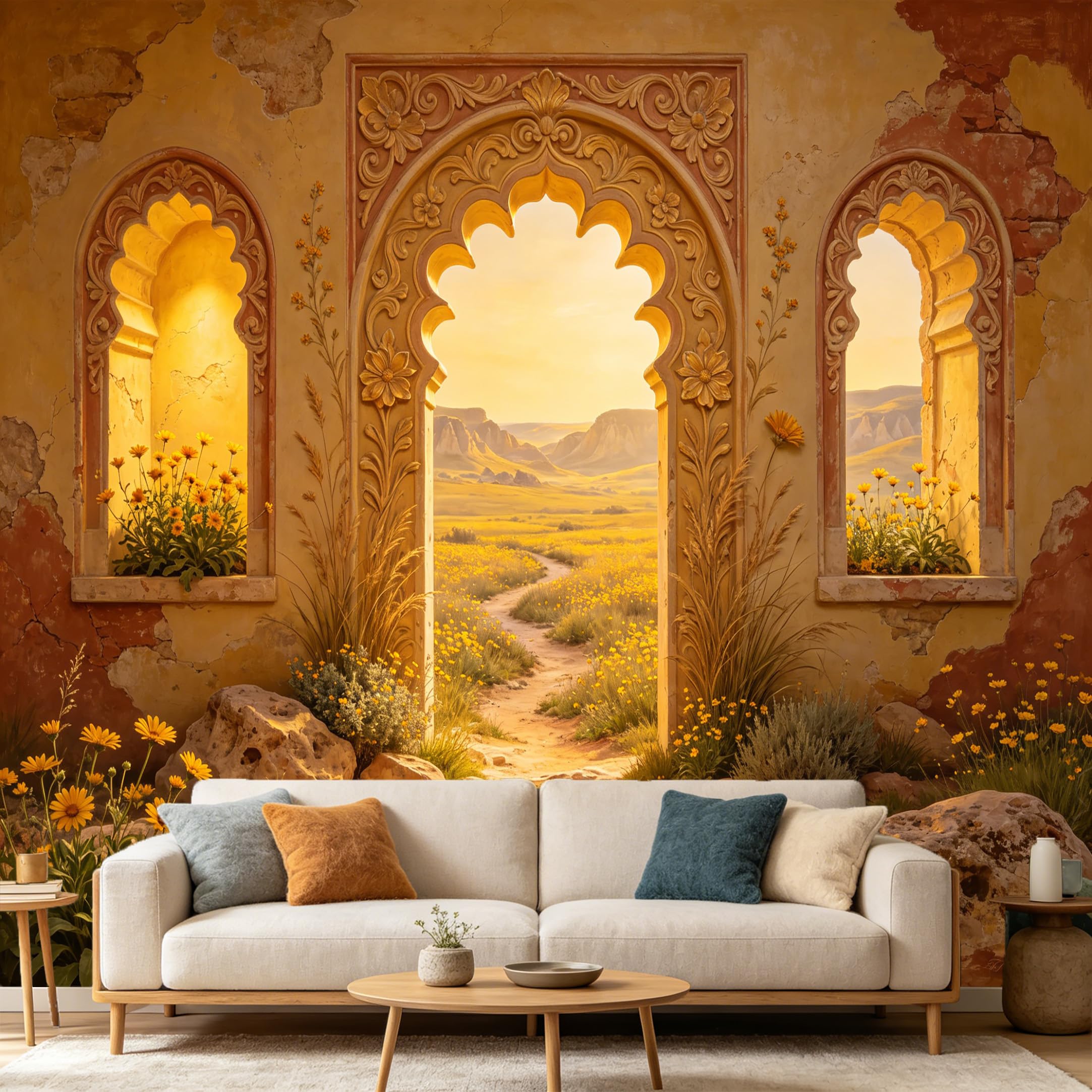 Custom Size Wall Mural， 3D Archway Mediterranean Landscape， Yellow Wildflower Field Scenic， Vintage Retro Art Prints wall Fabric Removable Large Wallpaper Home Living Room Decor