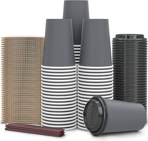 Paquete de 100 tazas de café desechables de 12 onzas para llevar con tapas, fundas y pajitas, 100% biodegradables y compostables, tazas de café de
