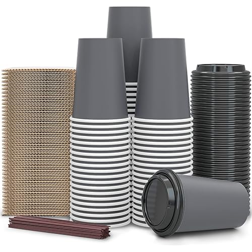 【100 Pack - 12 oz Disposable Coffee Cups To Go with Lids Sleeves and Straws 100% Biodegradable & Compostable Pla Eco Friendly Paper Coffee Cups for Tea Coffee Hot Chocolate