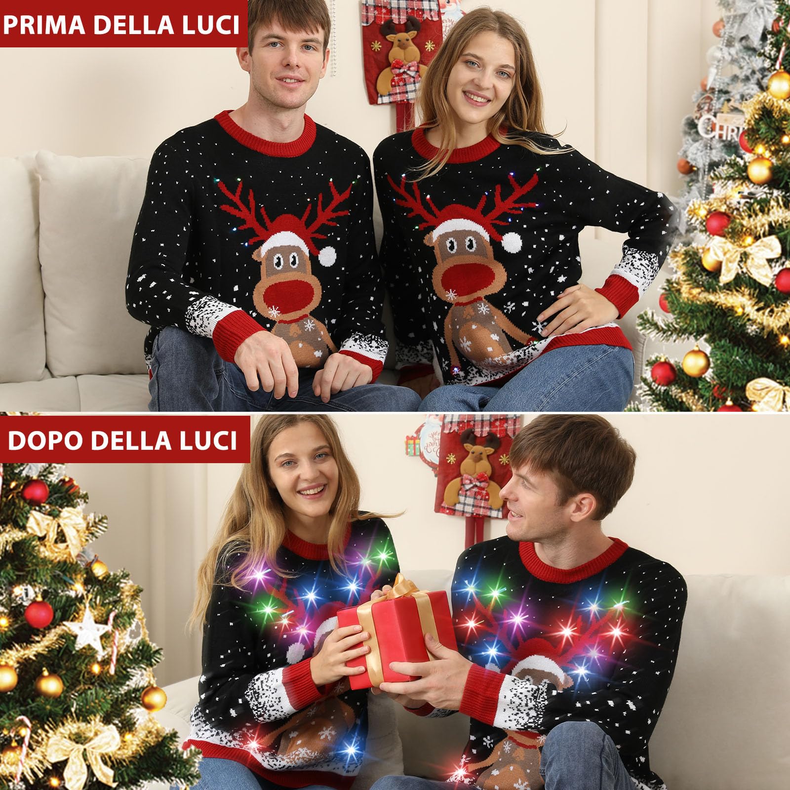 Maglione Natalizio con Luci LED, Maglioni Natalizi Famiglia Set, Brutti Maglione Natalizio Uomo Donna Ugly Christmas Sweater, Manica Lunga Maglia Natale Maglione di Natale per Coppia