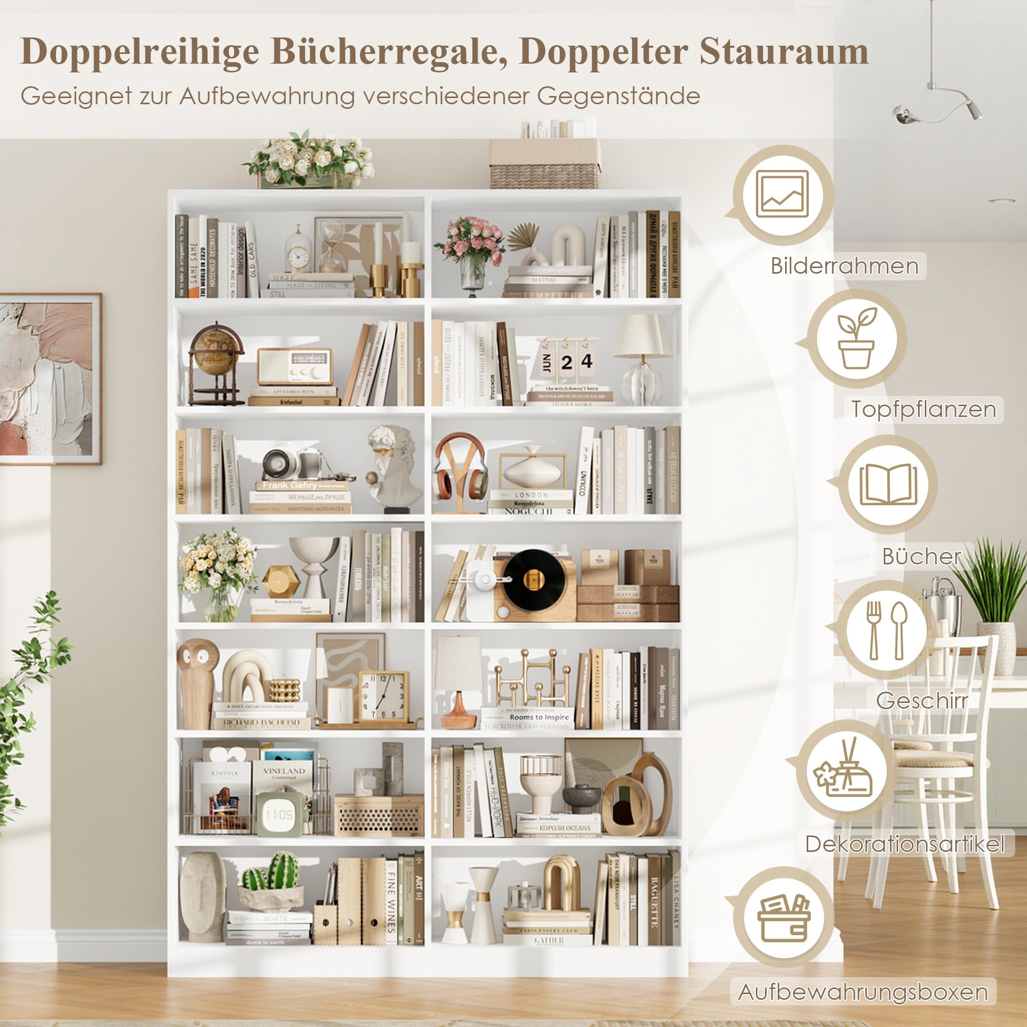 FirFurd Bücherregal 212 cm hoch Bücherschrank mit 14 Fächern weiß