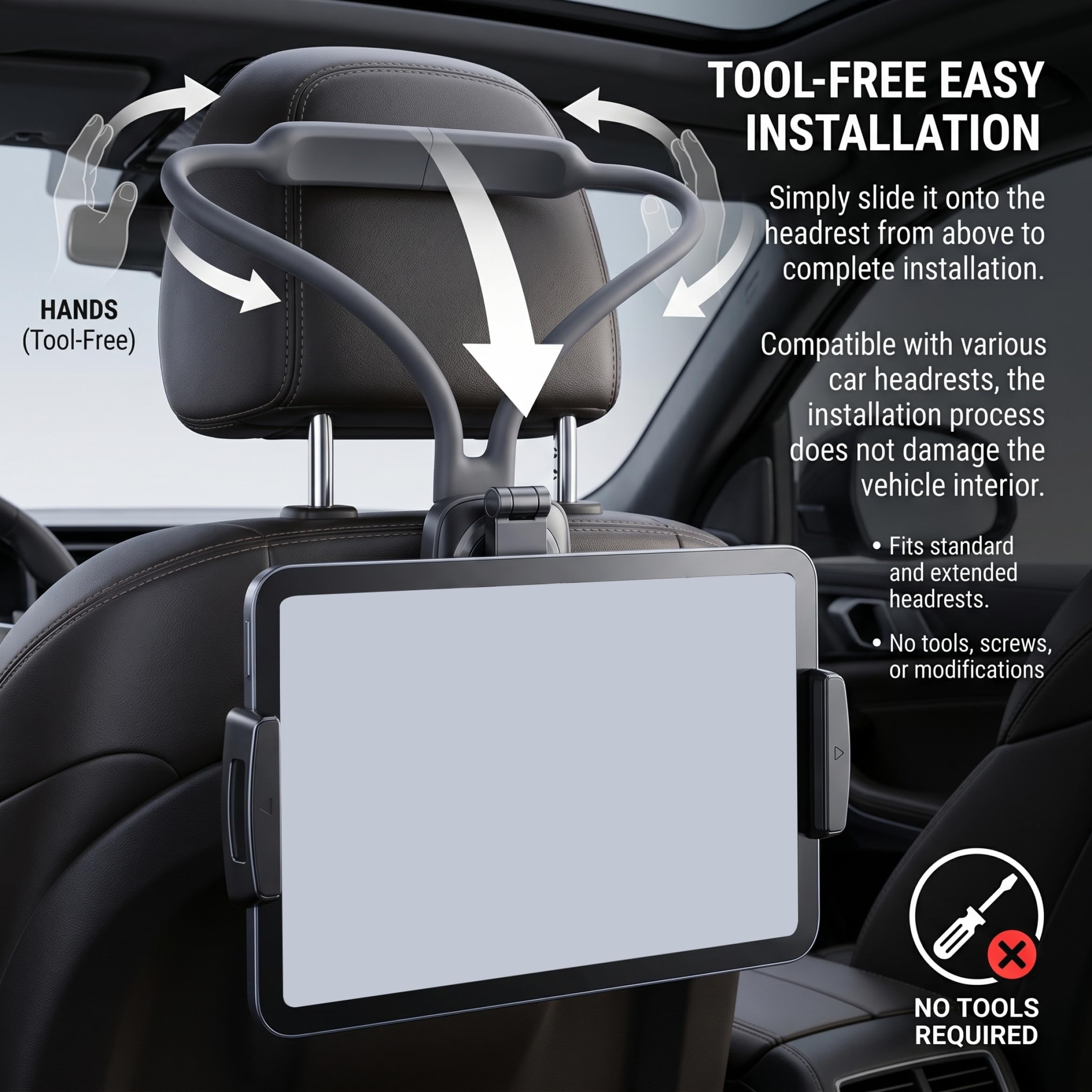 Supporto per tablet per poggiatesta Supporto sicuro per auto, strumento di visualizzazione regolabile Installazione gratuita Viaggio su strada Essenziale per i bambini