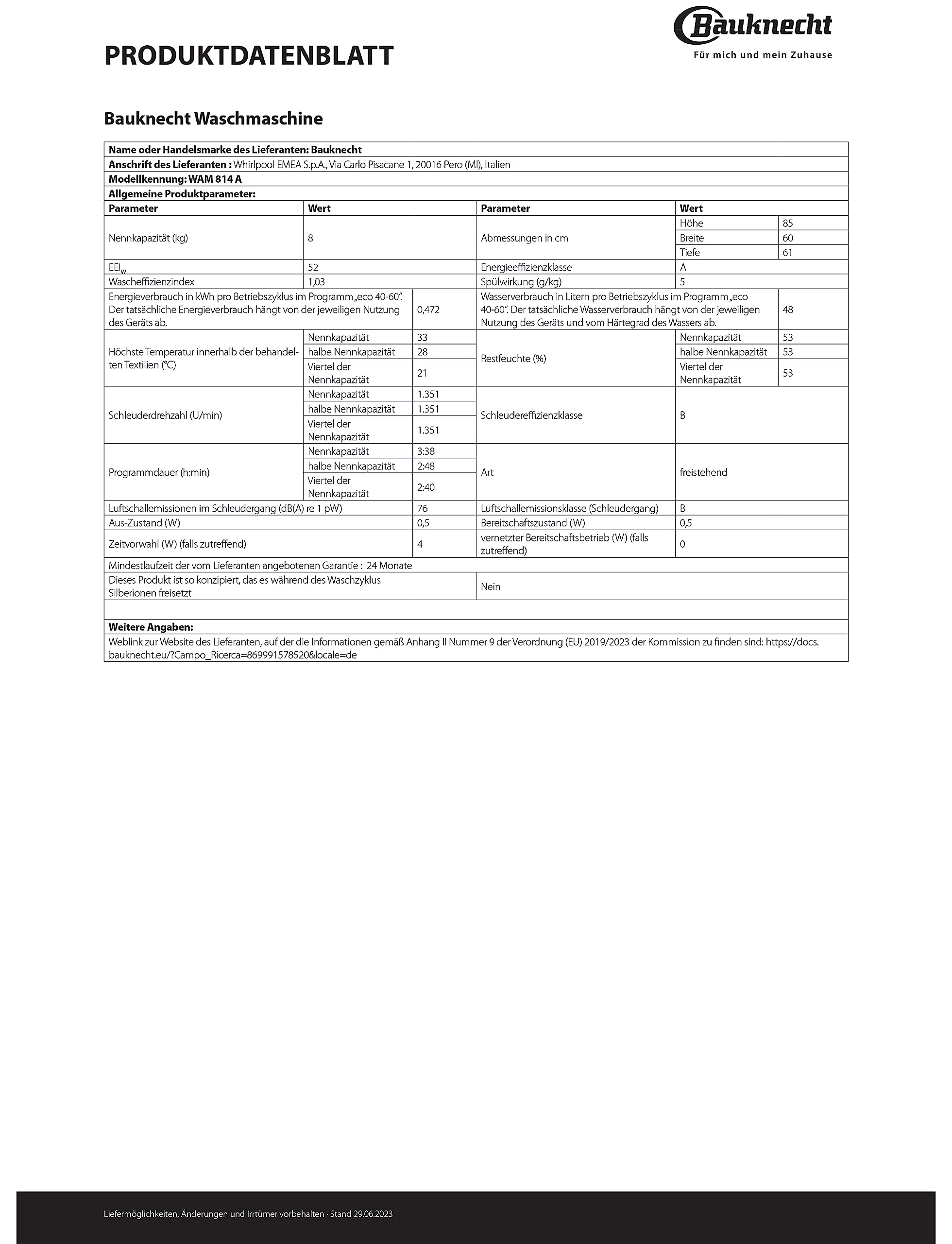 Bauknecht WAM 814 A Waschmaschine Frontlader 8kg Energieeffizienzklasse A