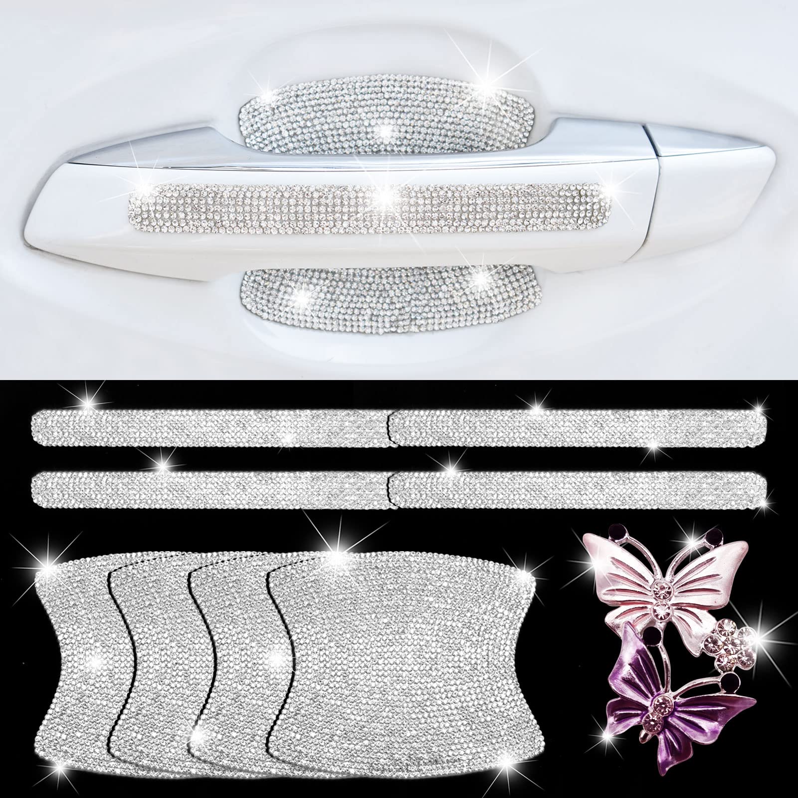 9Pcs Bling Car Decals for Women,Rhinestone Car Door Handle Stickers,Crystal Car Accessories Scratches Protector,Glitter Diamond (Silver)