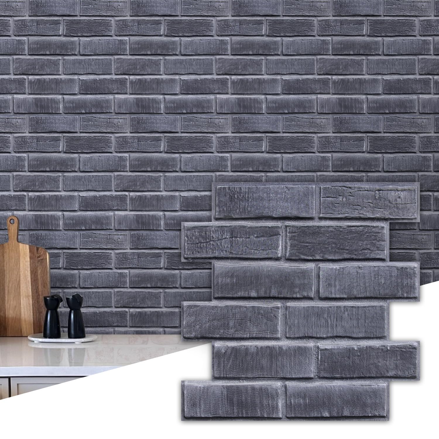 COMSTICKC 3D Brick Wall Panels Self Adhesive, Faux Brick Panels Peel and Stick, 10 Pcs 30 x 30 cm, 3D PVC Brick Wallpaper Wall Tile Interior Wall Decor, Paintable, Waterproof (Dark Gray) — image 1