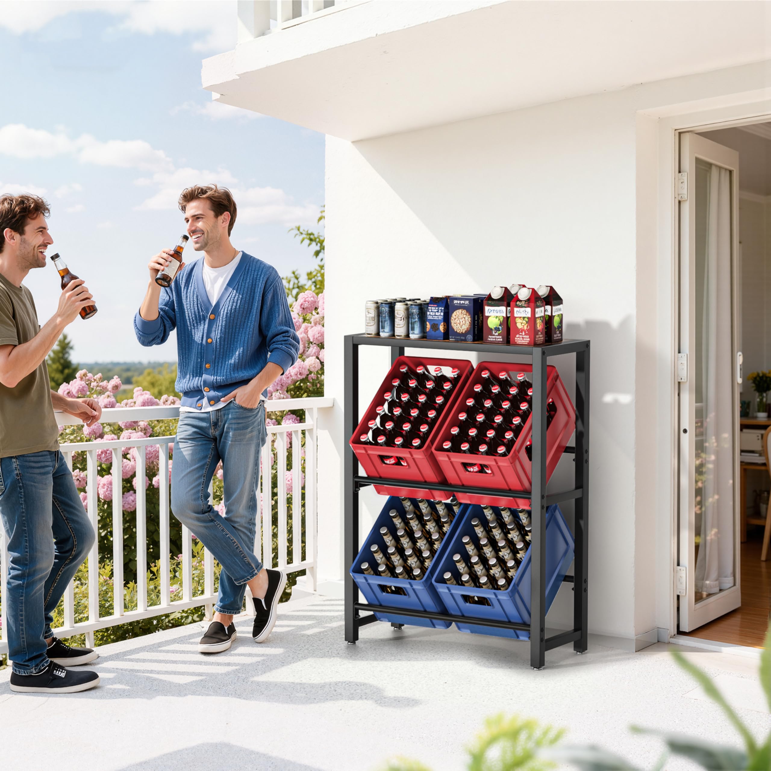 Josmimic Getränkekistenregal mit Ablage für 4 Kästen – Stabiles Metallregal in Schwarz, Platzsparendes Getränkekistenständer für Bier, Wasser & Softdrinks – Ideal für Küche, Keller & Abstellraum