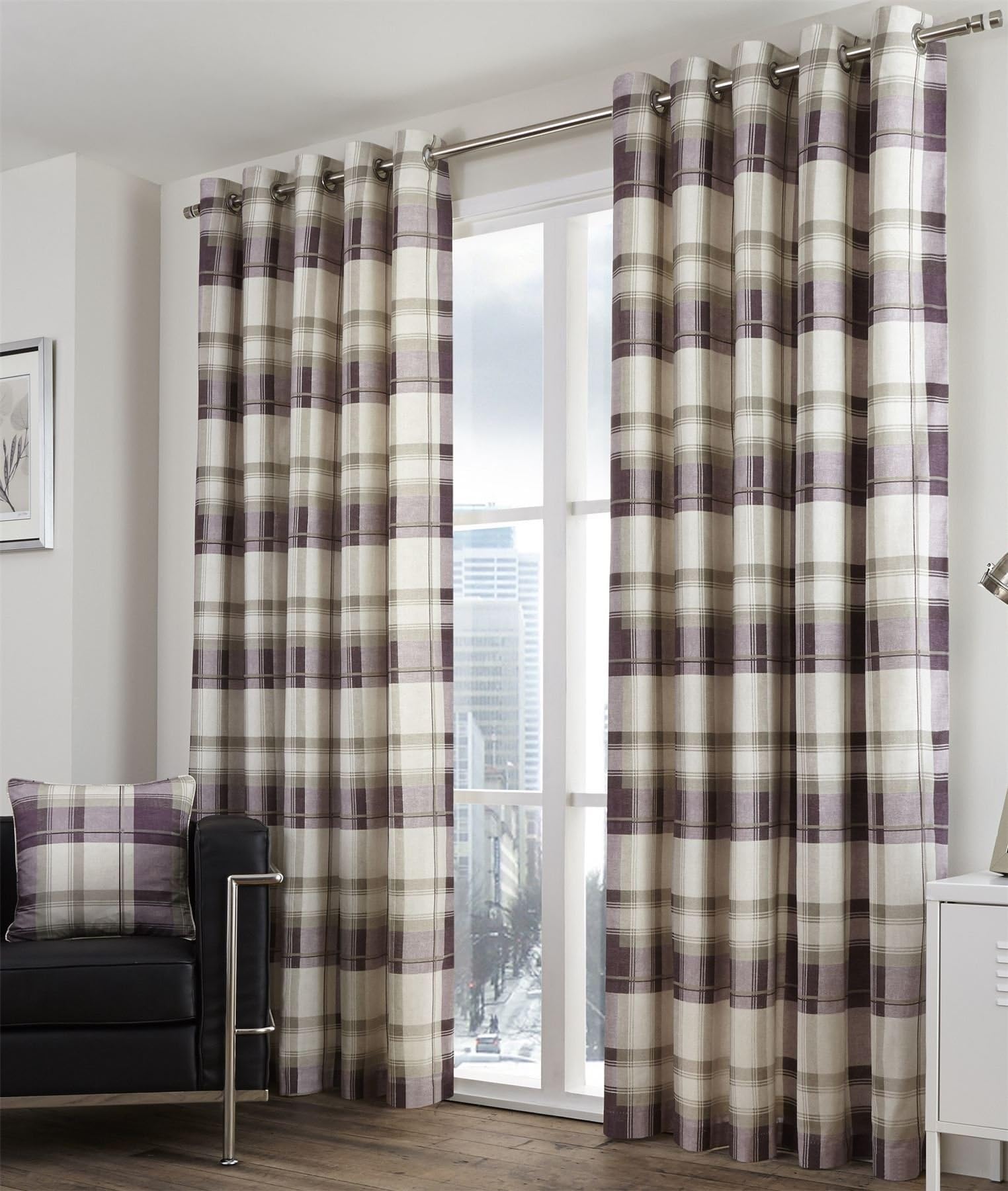 Hallways Bonnie Lined Eyelet Curtains 66" x 90" Tartan Check Plum Purple Lilac Heather Cream Pair Ring Top Cotton