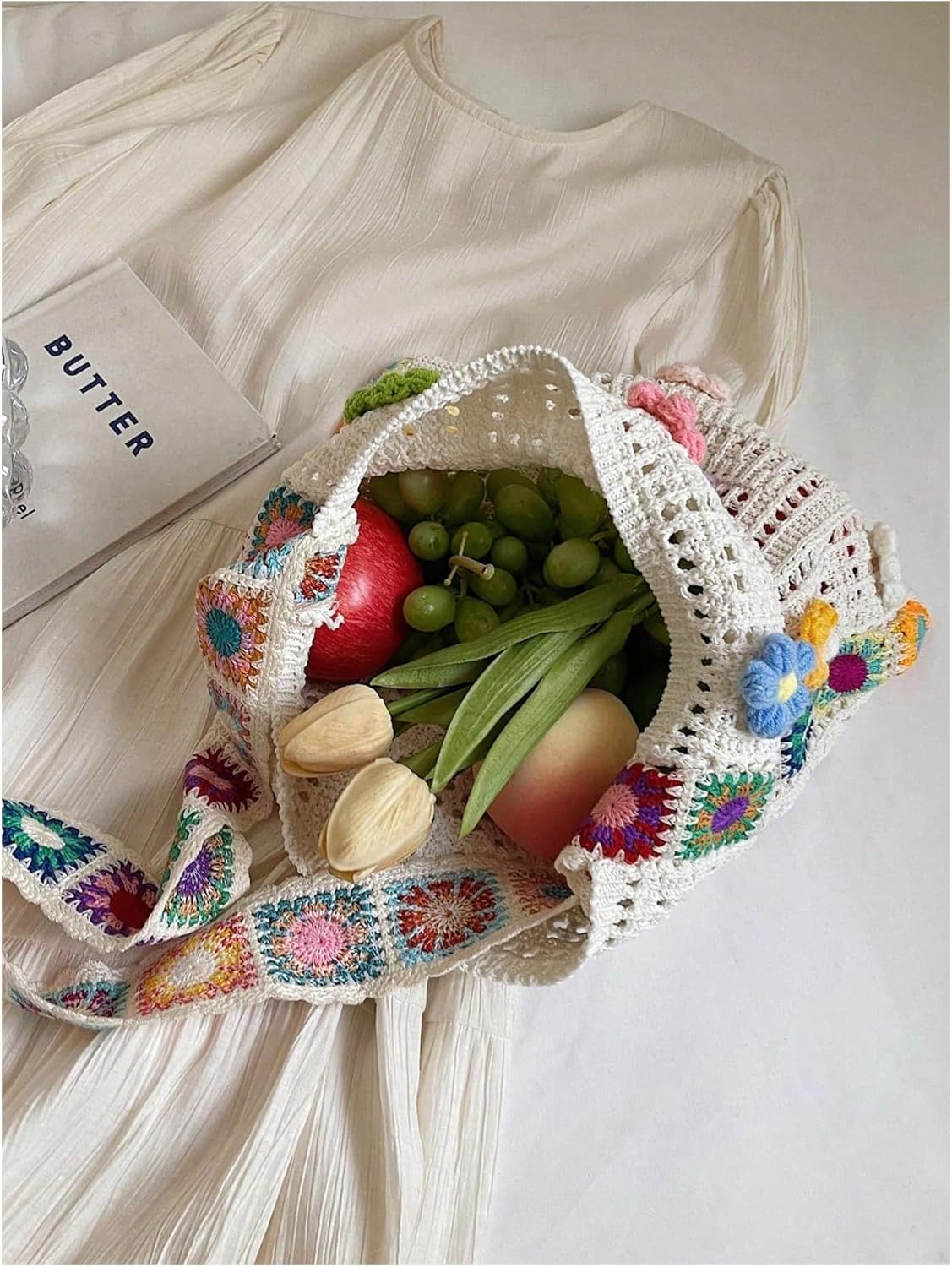 QWINEE Women's Boho Embroidery Crossbody Bag Hollow Out Crochet Knit Shoulder Bag Tote Handbag