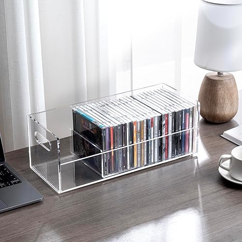 Miniatura 7 de MyGift Soporte rack moderno premium de CD apilable de acrílico transparente con asas de transporte recortadas, caja de exhibición para estuches