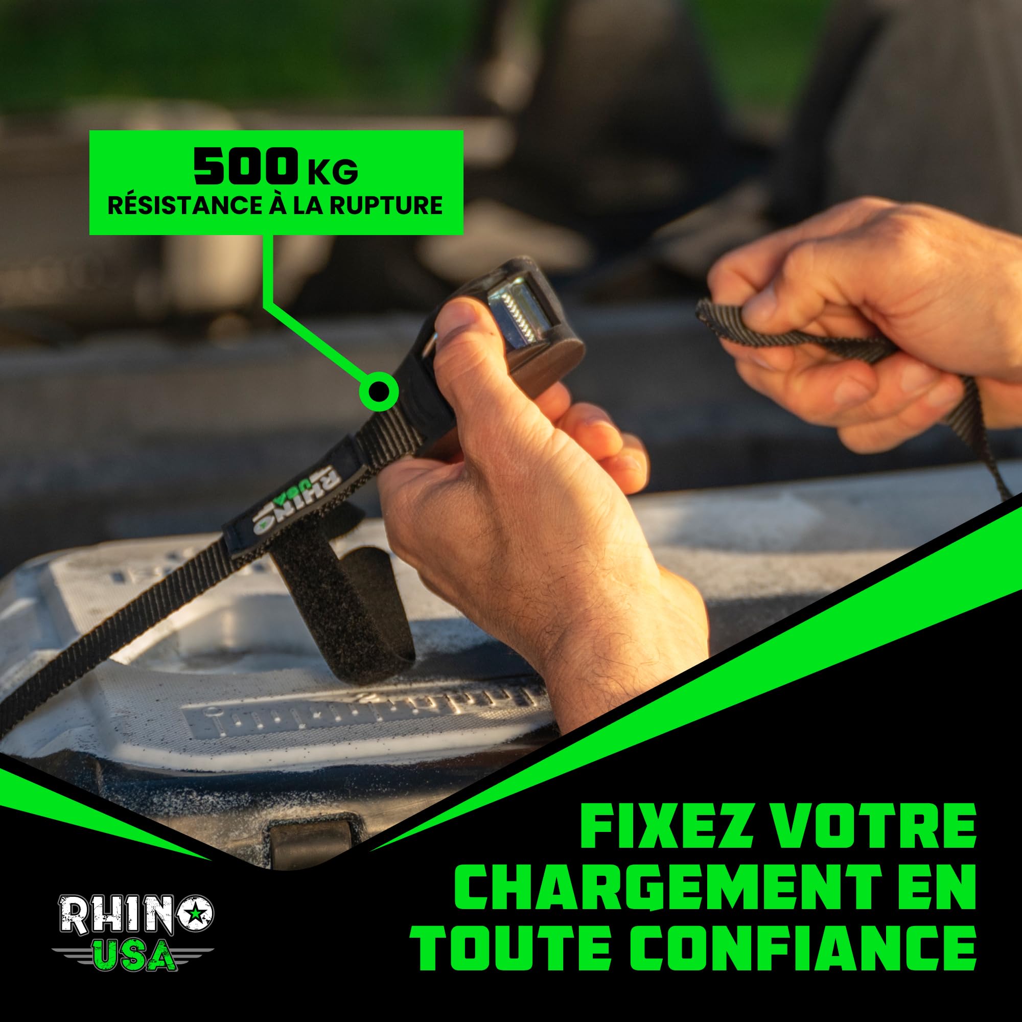 Rhino USA Sangles d'Arrimage (4) - Résistance Maximale à la Rupture de 500kg, Comprend (4) Sangles de Traction de 2.5cm x 3.6m, Sangles de Fixation pour Chargement, Kayak, Porte-Bagages de Toit