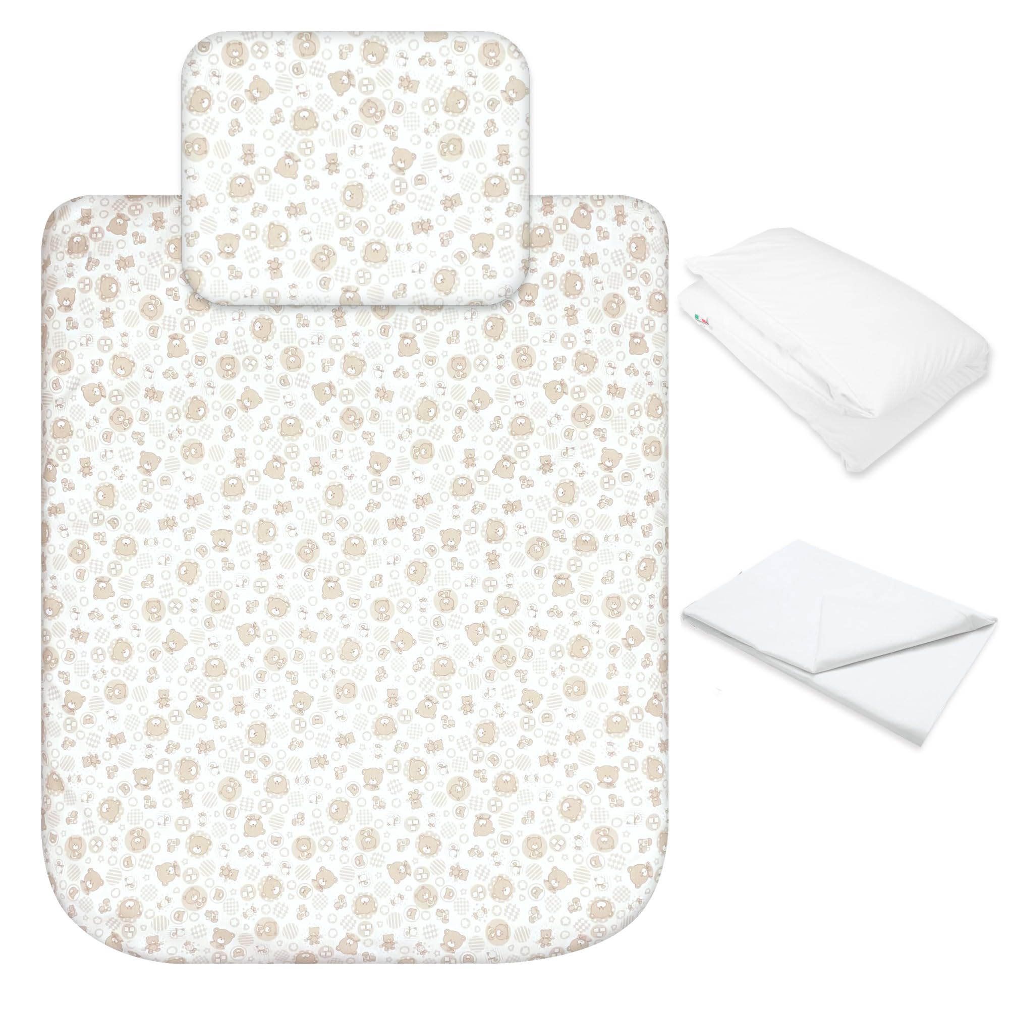 baby idea Babysanity Lenzuola Next To Me Compatibili 4 pezzi: Federa Cuscino, Piumino, Copripiumino, Lenzuolo Angoli per Culla Lettino Neonato - Chicco Kinderkraft Cam Brevi OEKO-TEX (Orsetto Beige)
