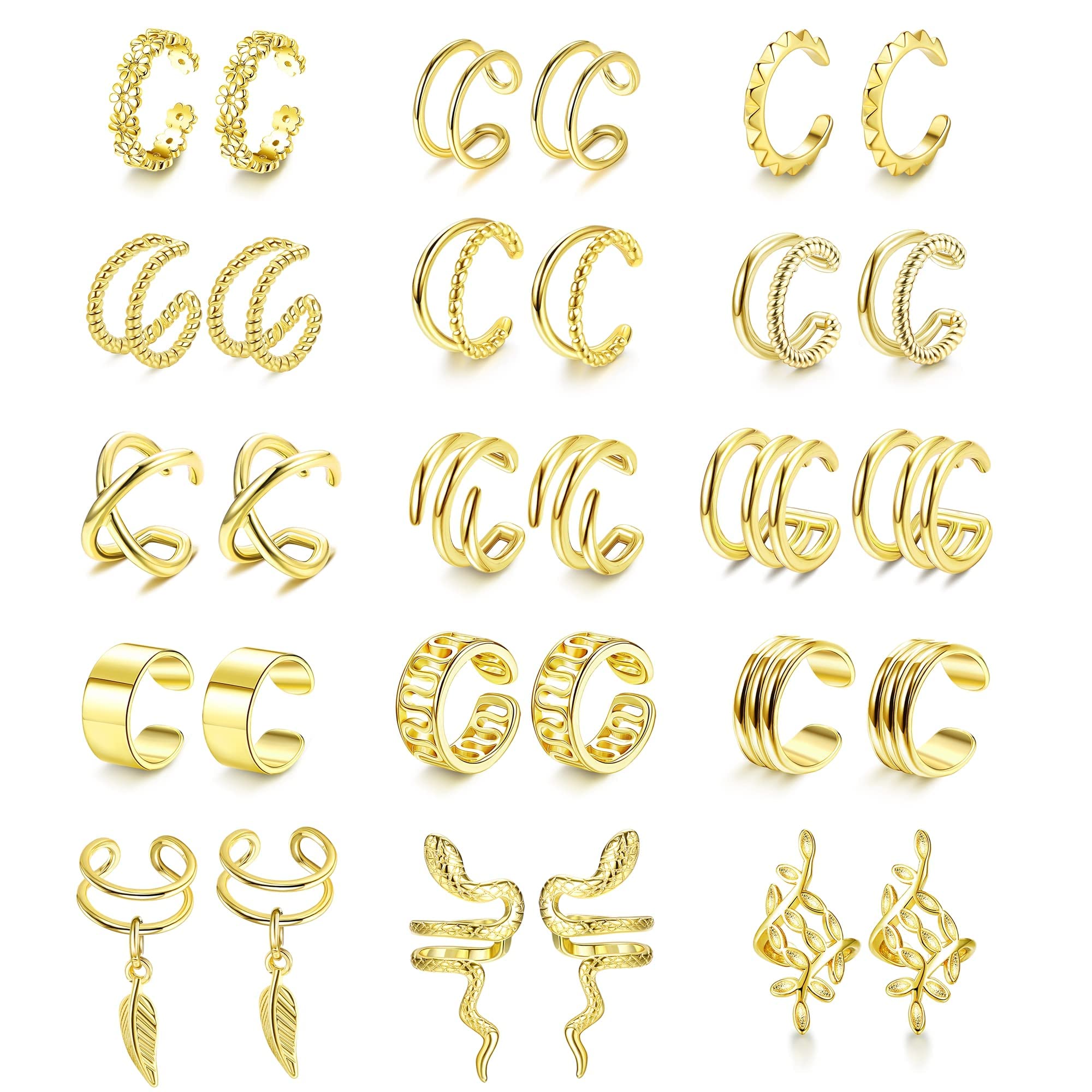 CASSIECA 10-15 Pairs Ear Cuffs Earrings Set for Women Non-Piercing Dainty Cartilage Ear Clip On Wrap Earring Set Adjustable