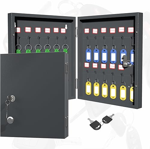 GAIOUS Armario para llaves con 24 ganchos de metal, soporte de pared para llaves con calcomanías digitales y etiquetas para llaves, caja de