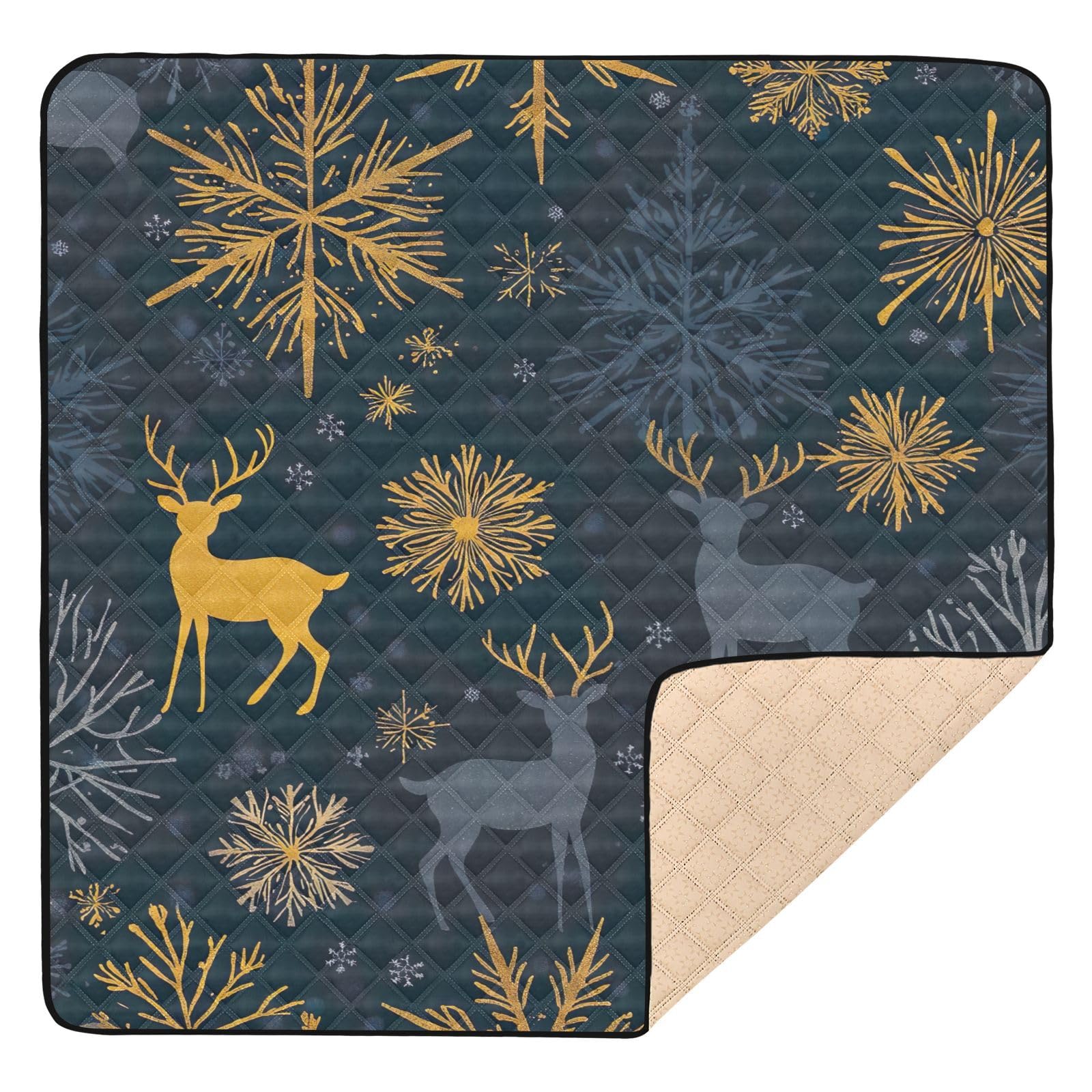 BOESI Doodle Elk and Snowflake Pattern Baby Play Mat, 50“ X 50” Washable Folding Crawling Mat, Baby Floor Mat, Soft, Thick, Non-Slip