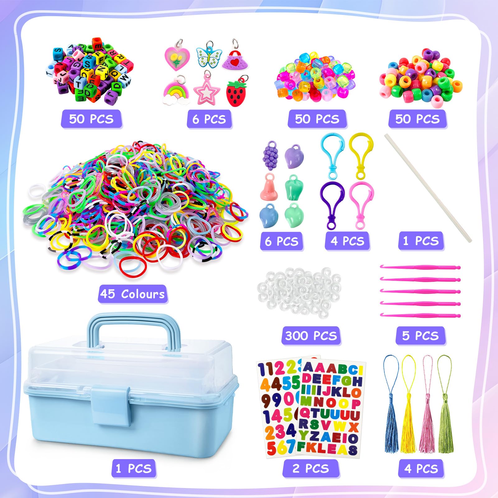 ROSHUKG Kit de 45 Colores de Gomas Elásticas con Recipiente de 3 Capas, Gomas para Hacer Pulseras para Niños, Niñas, Regalo para Tejer (Azul)