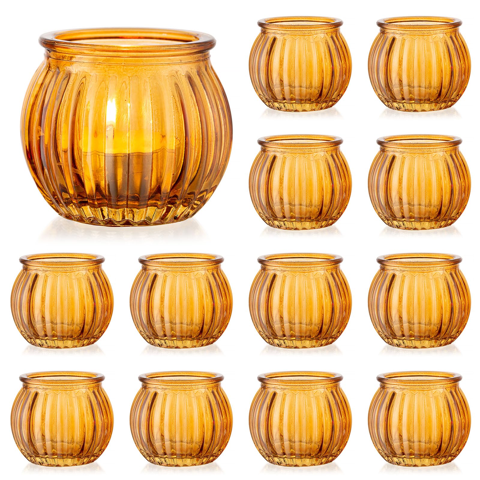 Inweder Portavelas Votivas de Cristal Candelabros para Velas de Tea Lights - Set de 12 Porta Velas Ámbar para Centro de Mesa de Boda - Pequeño Portavelas Decorativo para Navidad Decoración del Hogar