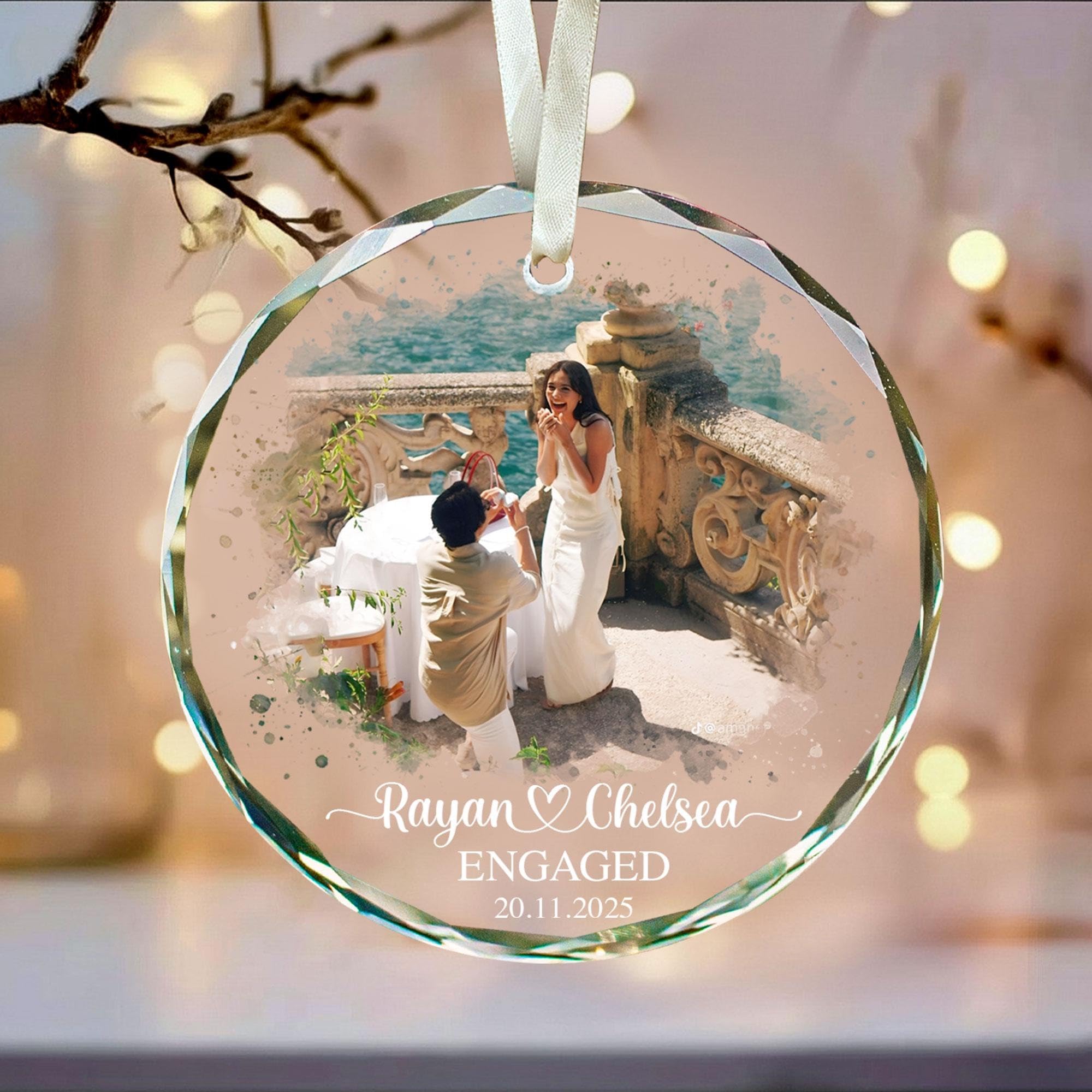 ( 2024 ) LOVELYPOD Personalized Engagement Glass Ornament Gift for Couples, Custom Proposal Photo Ornament, Engagement Gifts 2025, First Christmas Couples Gifts, Custom Couple Gift, Engaged Ornaments