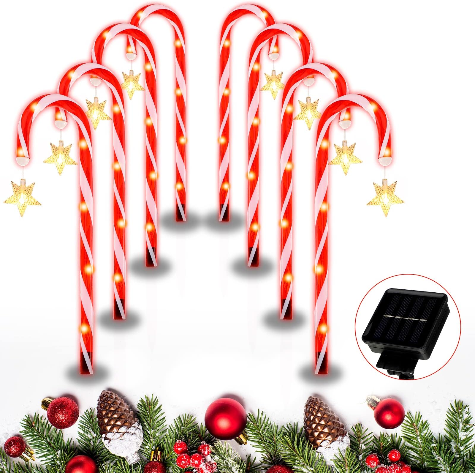 Christmas Solar Candy Cane Lights Candy Cane Pathway Markers Lights with Stake Festive Candy Cane Lights Set of 8 Red and White Yard Lights for Christmas Holidays Lighting Sidewalk Yard Decorations