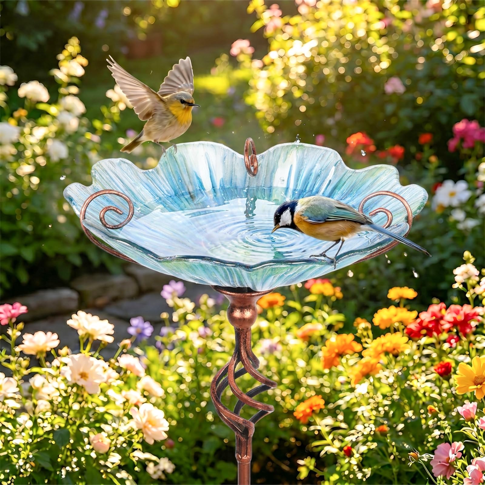 MUMTOP Comedero para pájaros de cristal de 31 pulgadas de altura con estaca de metal para jardín al aire libre