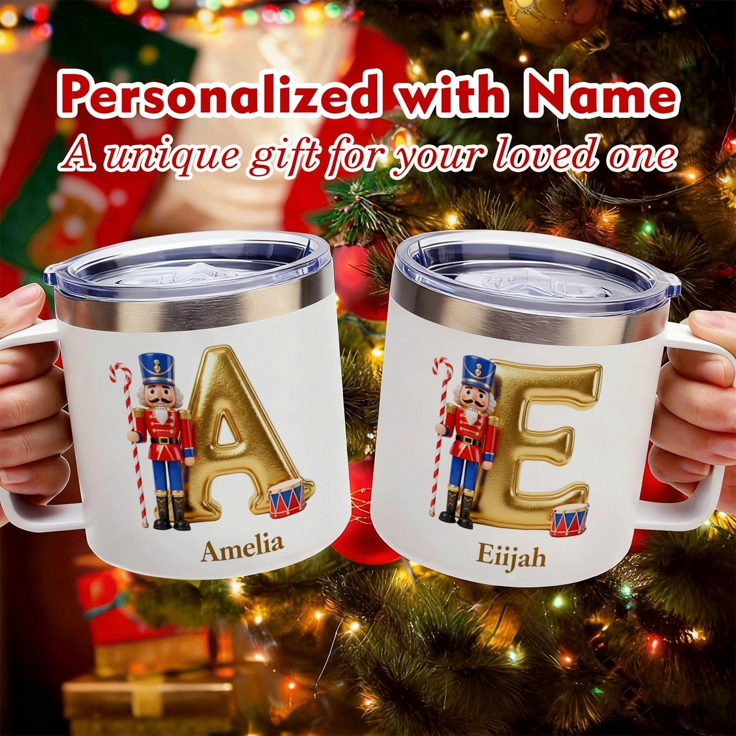 Personalized Nutcracker Christmas Mug with Name & Initial, Custom Insulated Coffee Cup with Lid, Stainless Steel Travel Mug for Women, Men & Kids, Christmas Gift for Family, Friends & Grandson (B47)