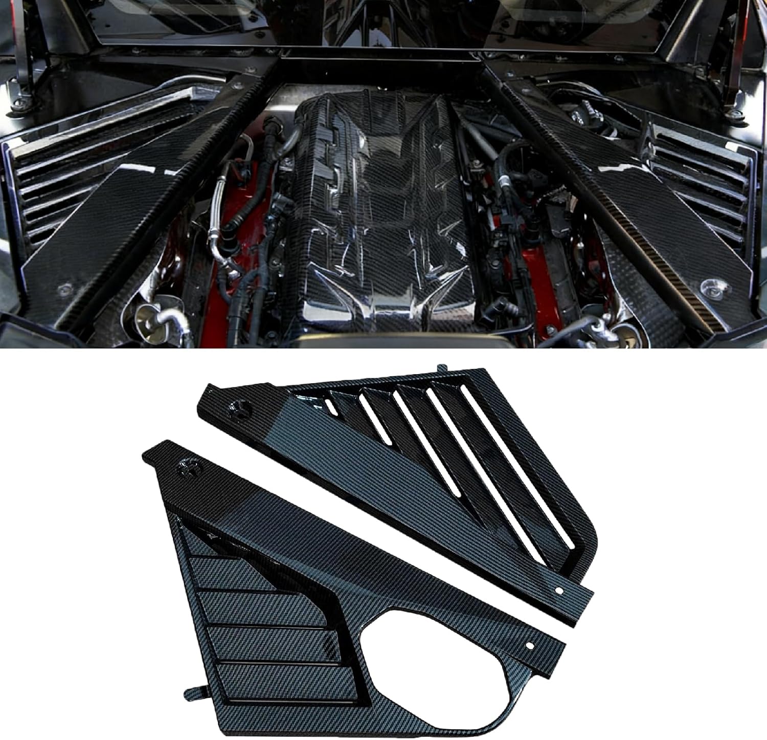 NINTE Engine Bay Side Panel Covers for Chevrolet Corvette C8 2020-2024 Gloss Carbon Fiber Look Direct Bolt-On Installation Engine Case Guards 2-Piece Set (Fits Stingray Z51 Z06)