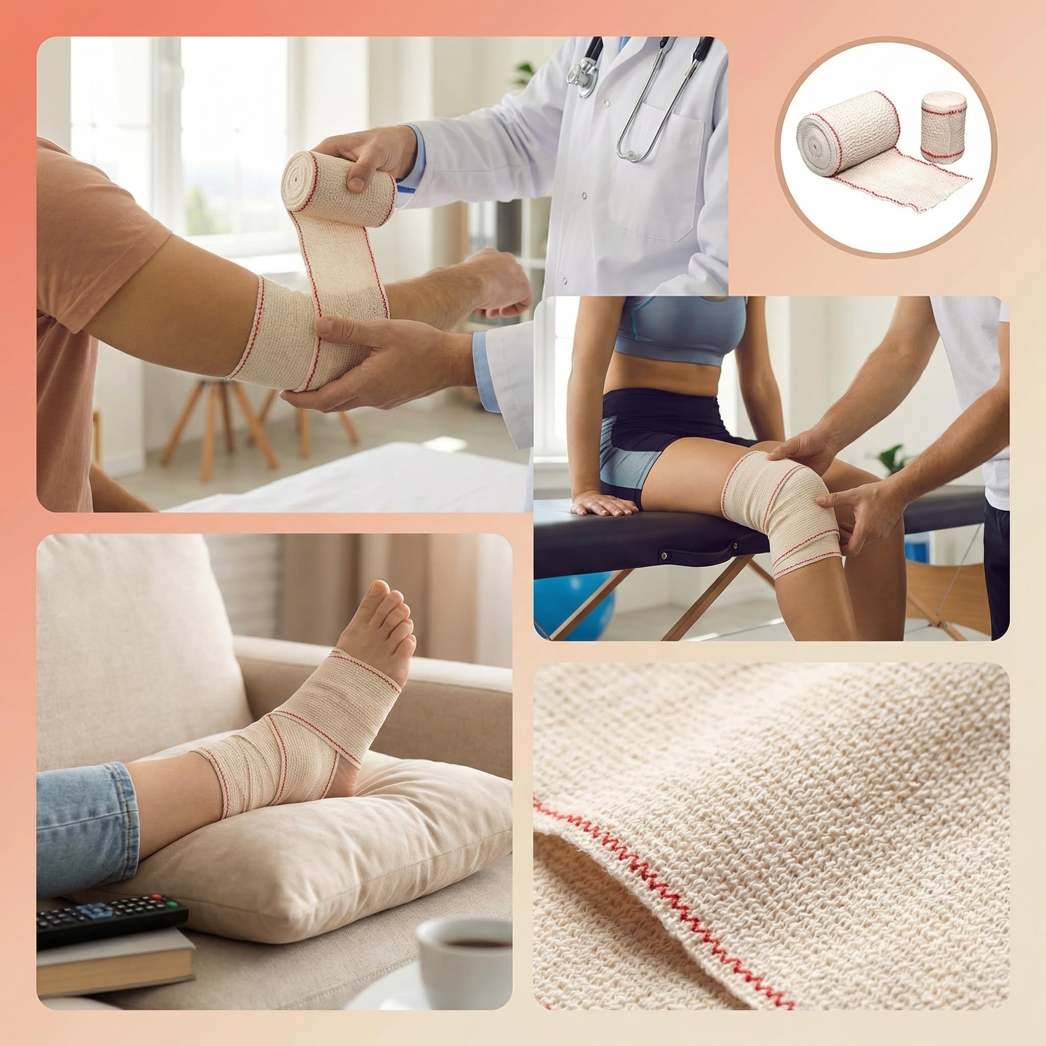 KMINA Venda de Crepe Elastica (10 unidades) 5 cm x 4 m Algodon Transpirable y Lavable para Soporte y Fijacion