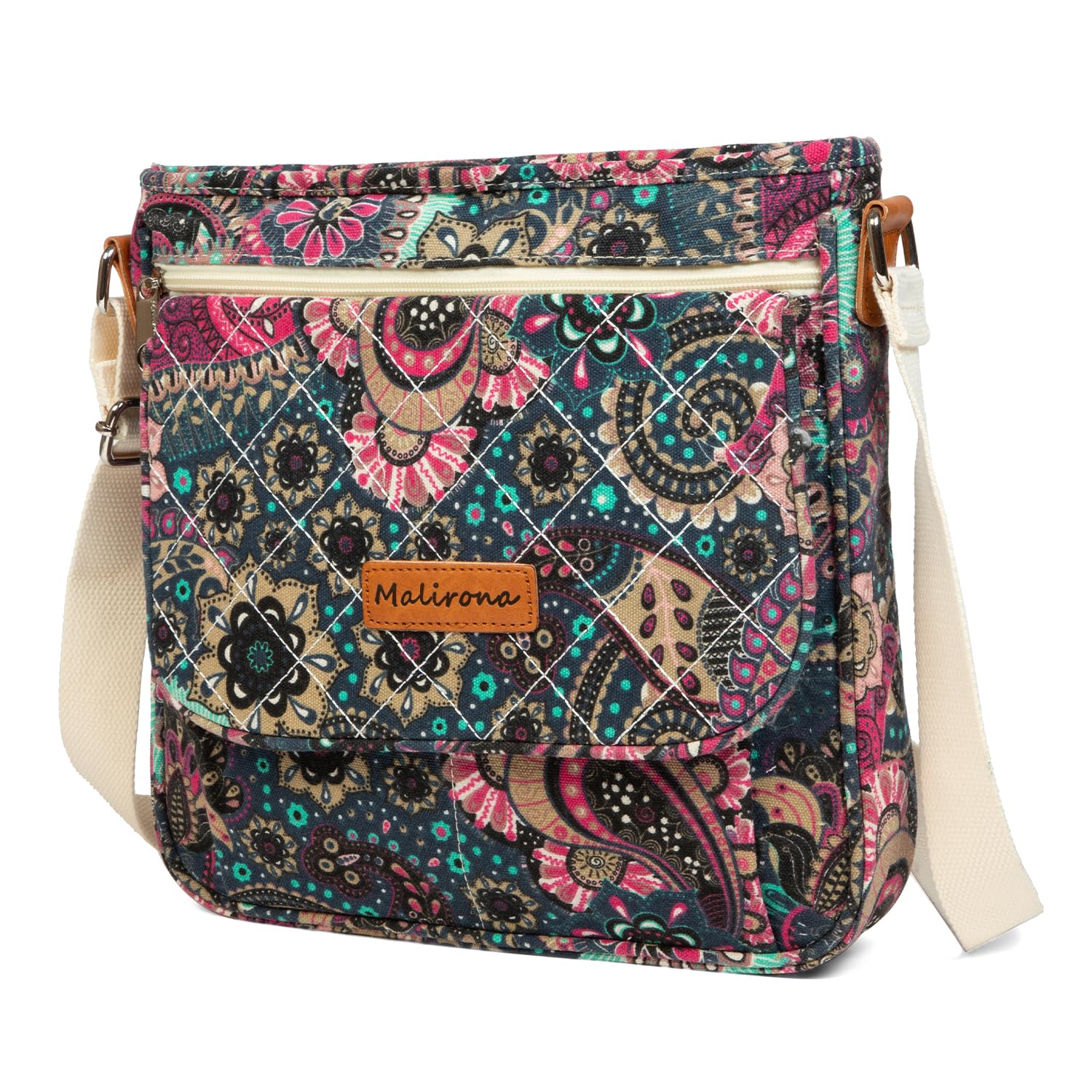 Malirona Women 's Durable Floral Crossbody Bag Canvas Messenger Handbag Multi Pocket Travel Satchel Purse (Rose Red)