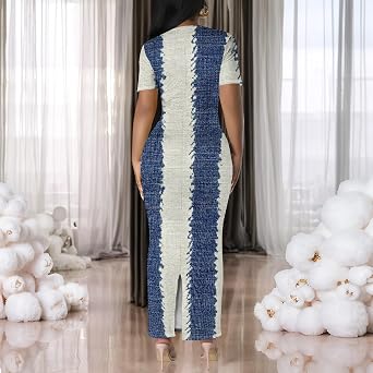 Women's Elegant Scoop Neck Short Sleeve Maxi Dress Summer Wrap Waist Long Fitted Cocktail Sundress