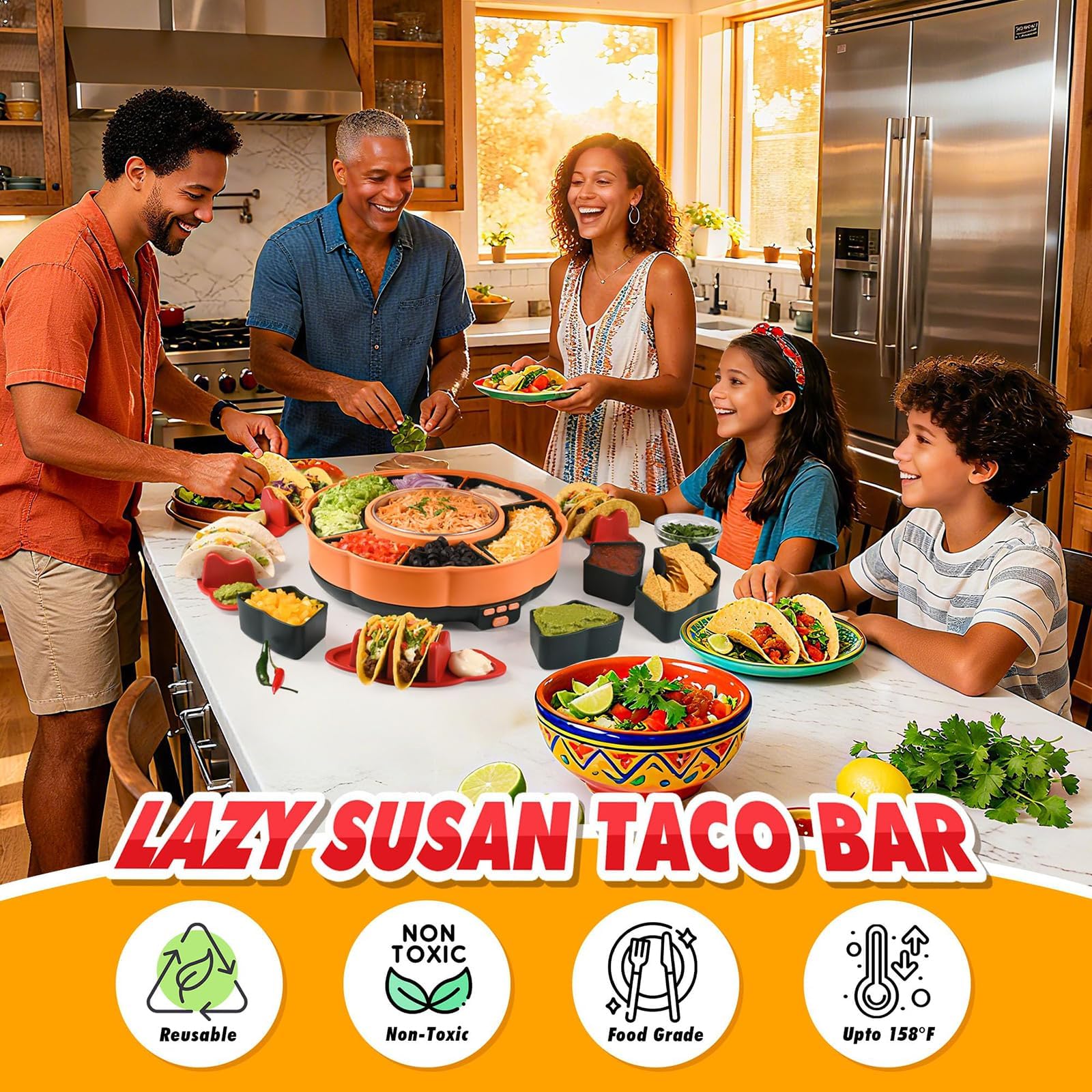 Taco Bar Servierset mit Taco-Haltern und herausnehmbaren Fächern, ideal für Nachos und Partyunterhaltung, inklusive 3-Temperaturregelung