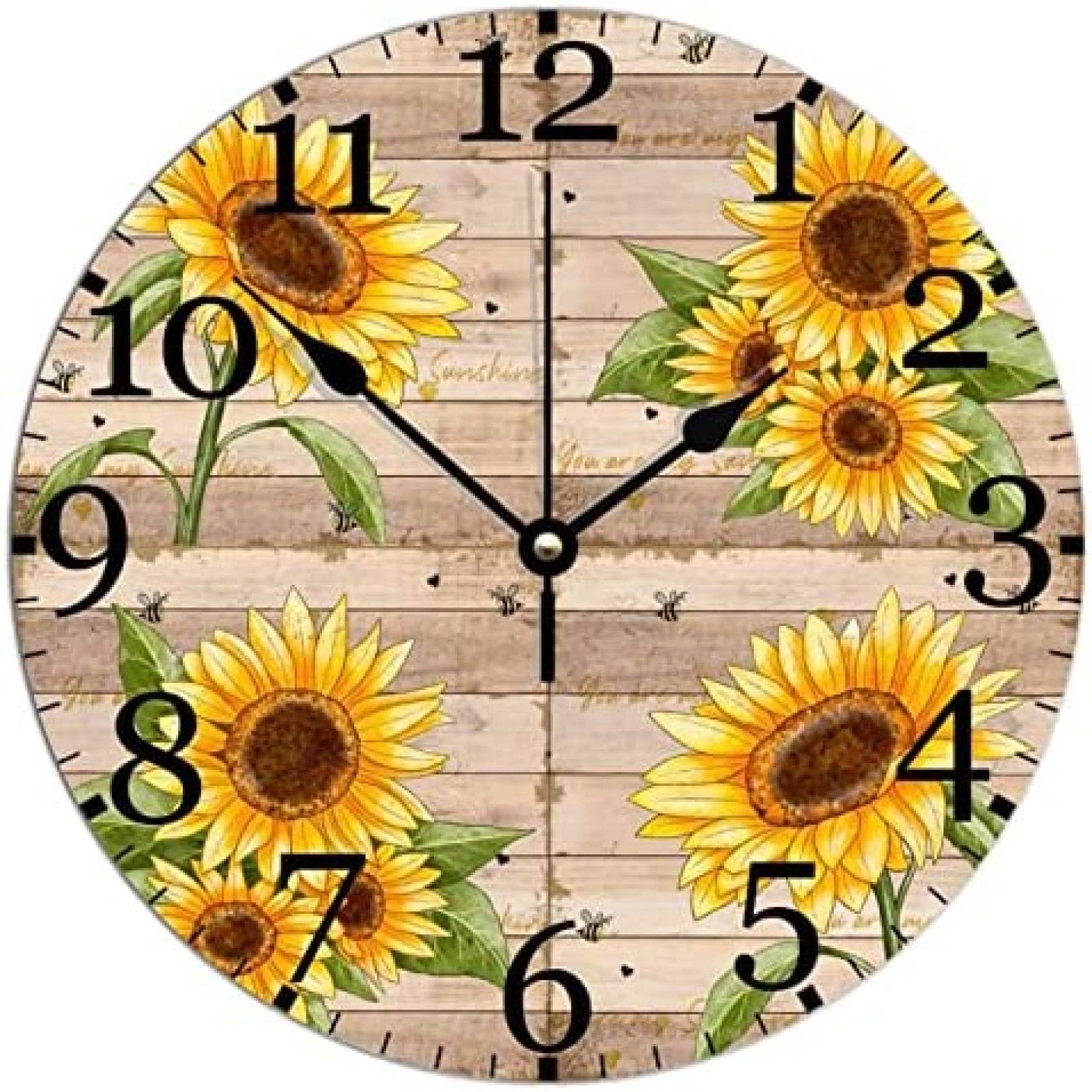 MJEDCFarm Sunflowers Bee 12inch Wooden Clock Silent Non-Ticking Battery Operated Wood Wall Clocks Farm Botanic Sunflower Wooden Texture Wood Clock Rustic Farmhouse Decor For Bedroom Office