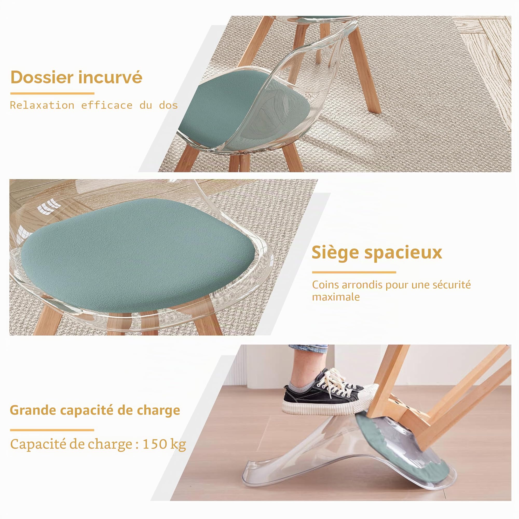 GrandCA HOME Lot de 4 Chaises de Salle à Manger avec Coussin de Siège en Velours, Chaises Latérales Transparentes pour Cuisine, Salle à Manger, Chambre à Coucher (Vert/Velours)