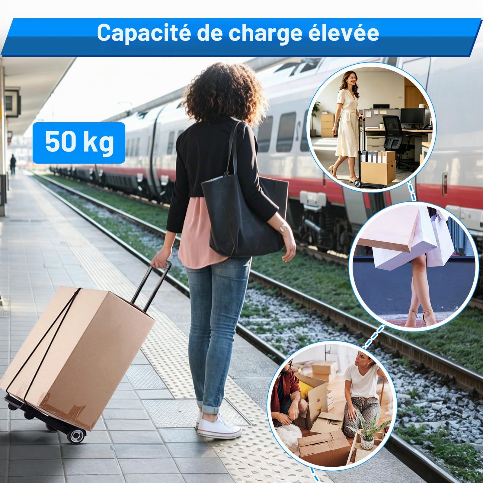 Chariot de Transport Pliable, Chariot à Plateforme 50 kg, Diable Pliable Compact avec Poignée Télescopique pour Transport, Déménagement, Usage Maison et Bureau