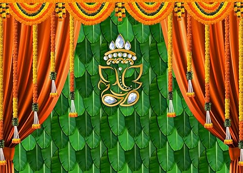 Miniatura 1 de Fondo tradicional de 7 x 5 pies para fotografía, boda, fiesta, hoja de plátano, verde, Chatiya Ganesh Mehndi, festival, decoraciones de fondo de