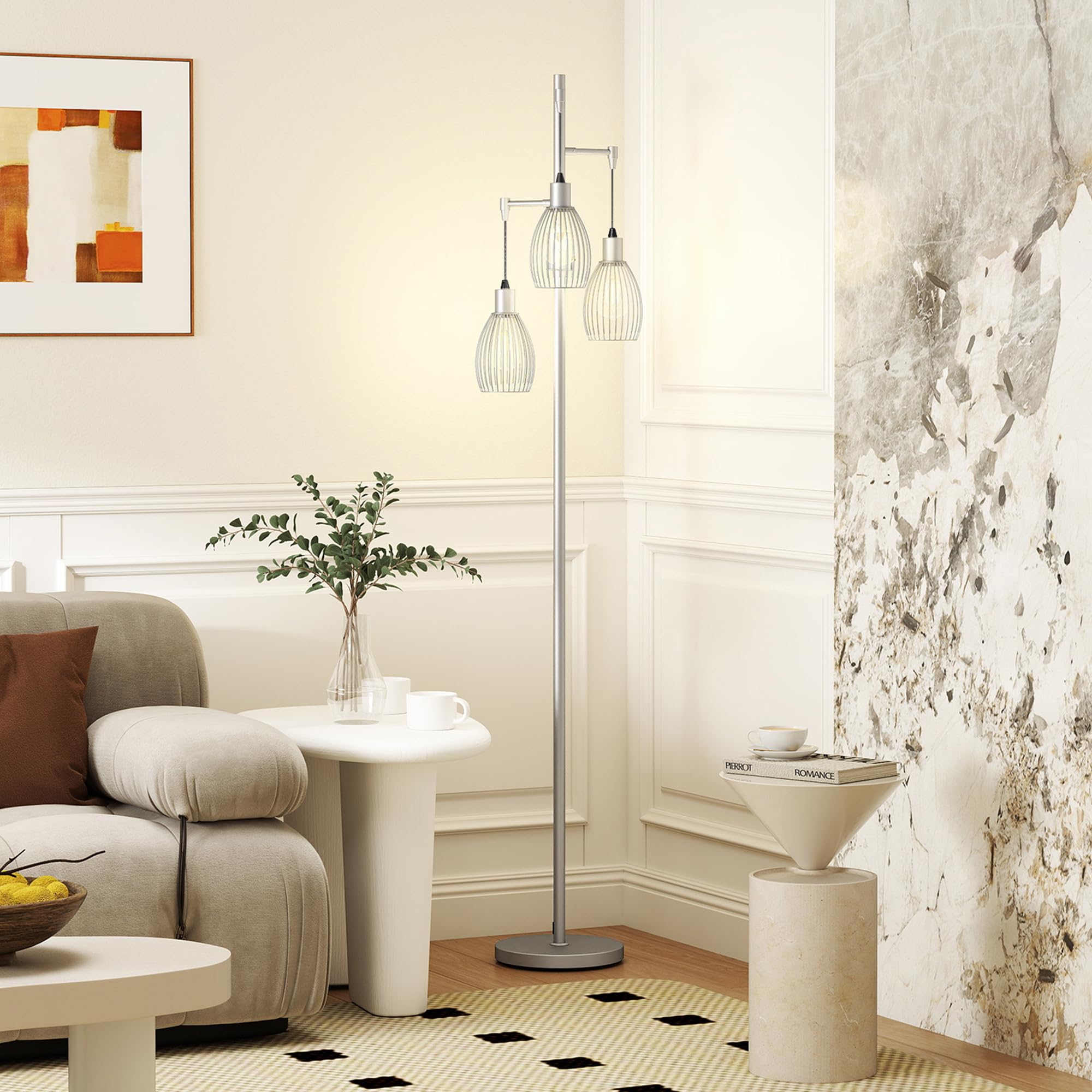 Homcom Unisex Silver Industrial 3-Light Floor Lamp Dimmable Standing Lamp For Living Room In